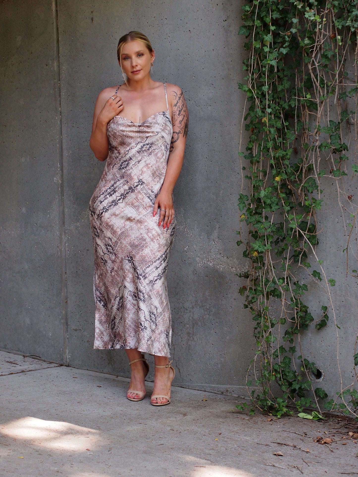 Sendai Midi Geo Print Blush and Gray Geo Print Spaghetti Strap Dress