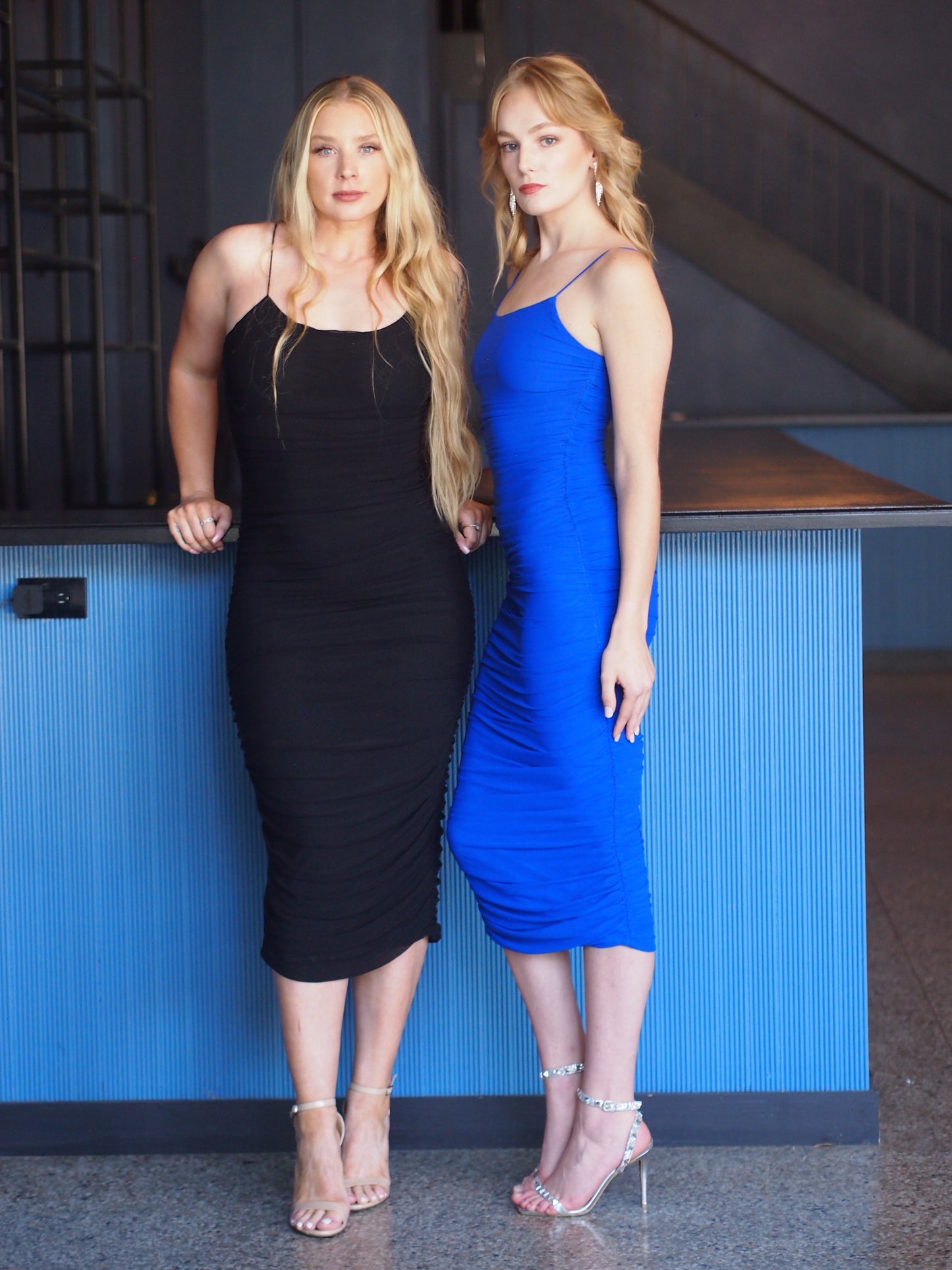 Sanaa Mesh Spaghetti Strap Midi Dress w Side Rouching