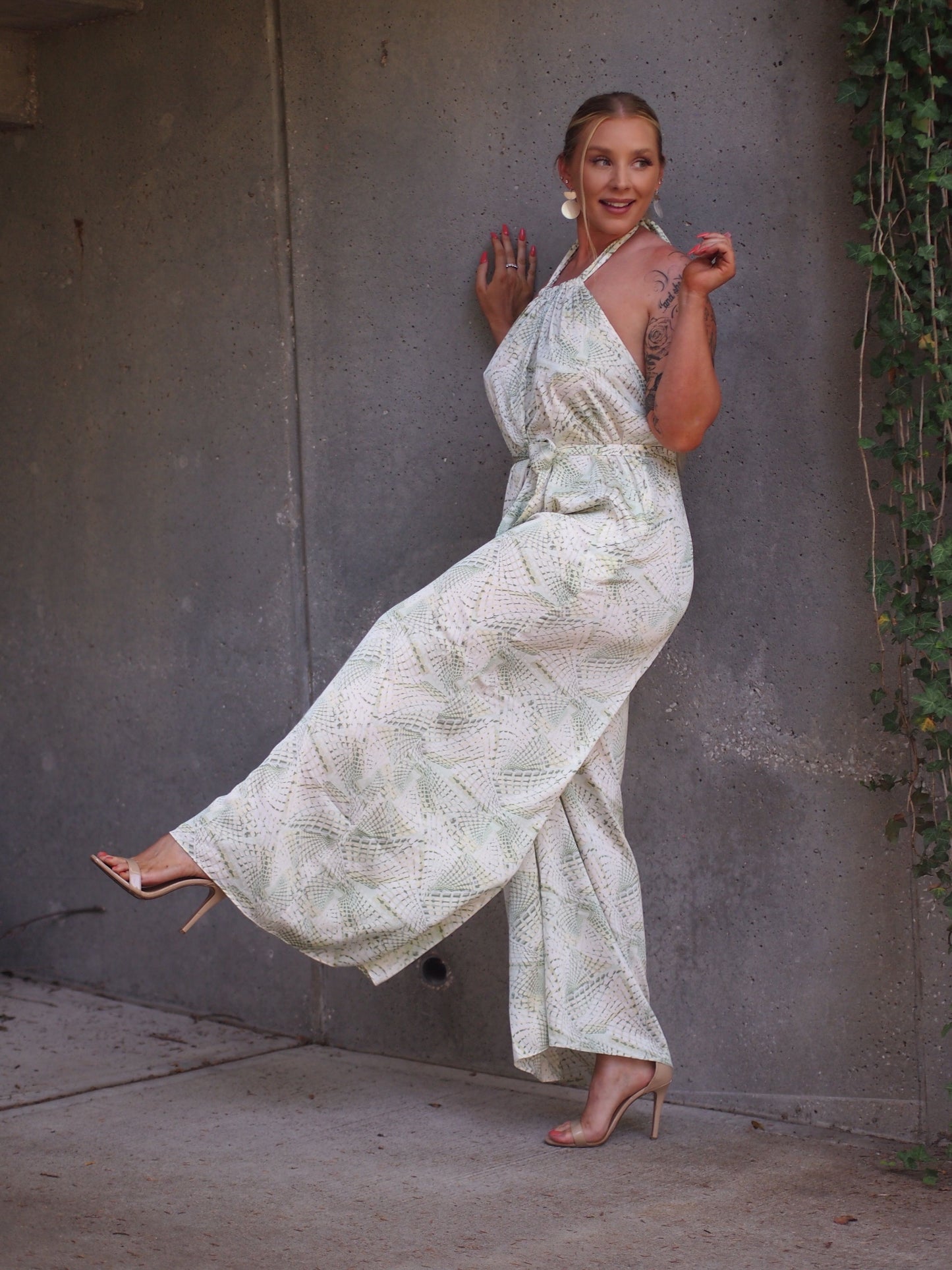 Tunis Green and White Snake Print Wide Leg Halter Neck Jumpsuit