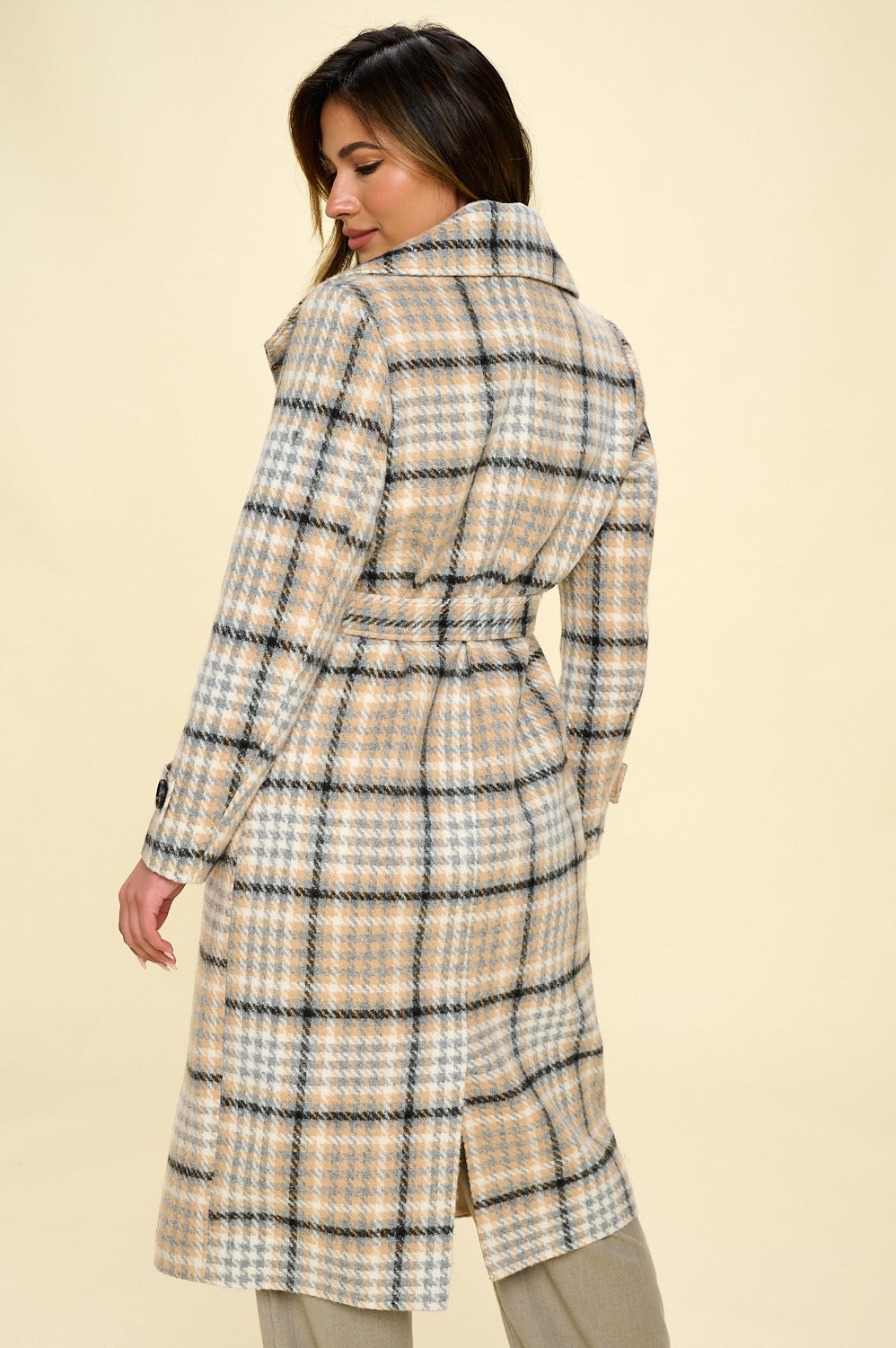 Classic plaid button down trench coat with adjustable belt closure 