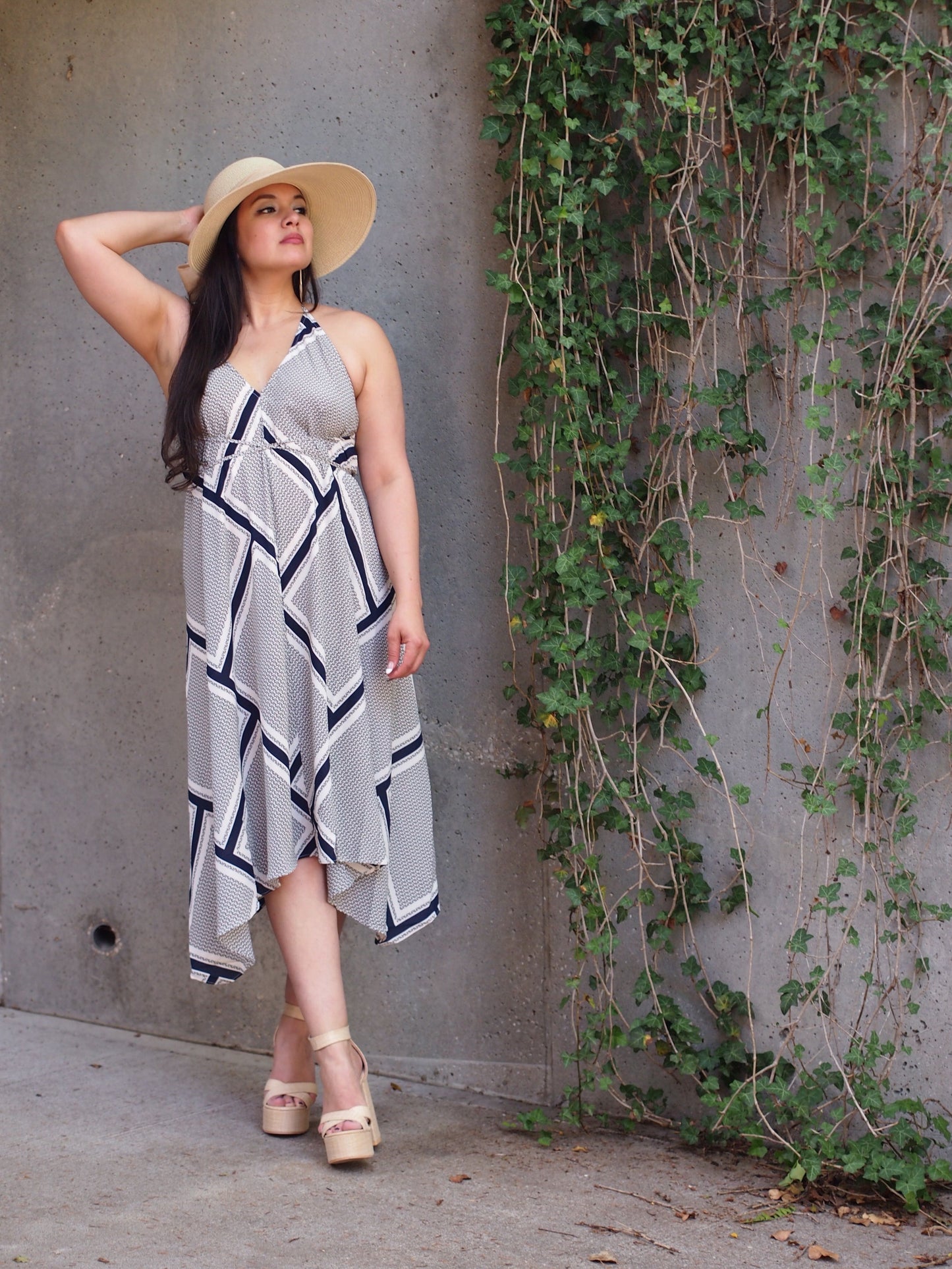Brasilia Navy and White Geo Printed Midi Tie Up Dress