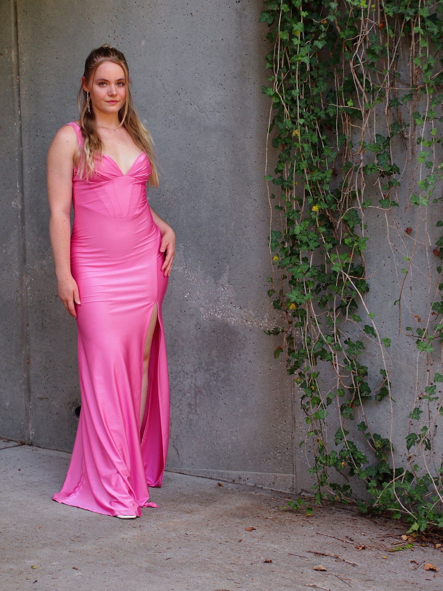 Izmir Bubble Gum Pink Corset Maxi Dress with Thigh Slit