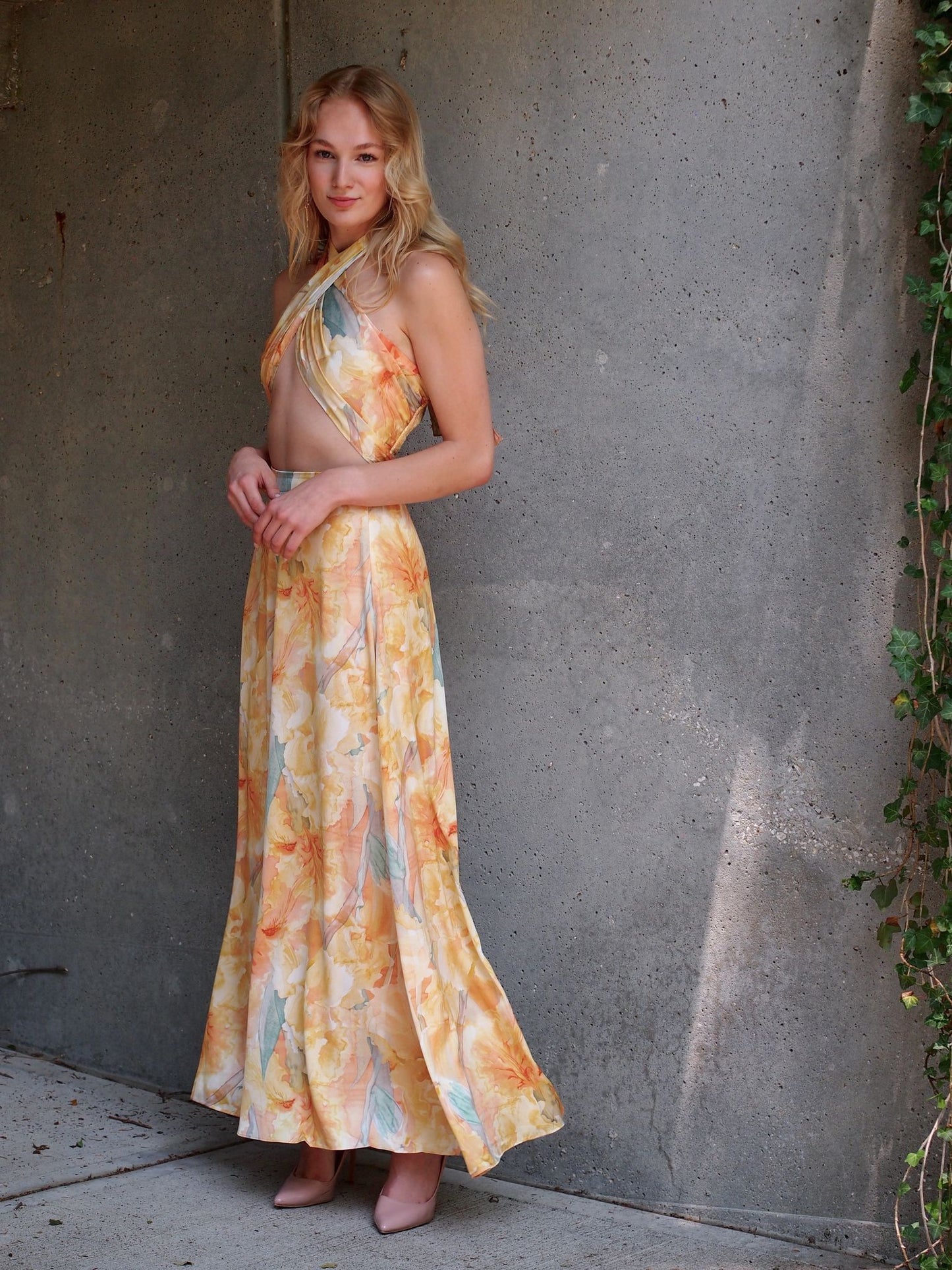 Sofia Peach and Yellow Floral Water Color Palazzo Pants