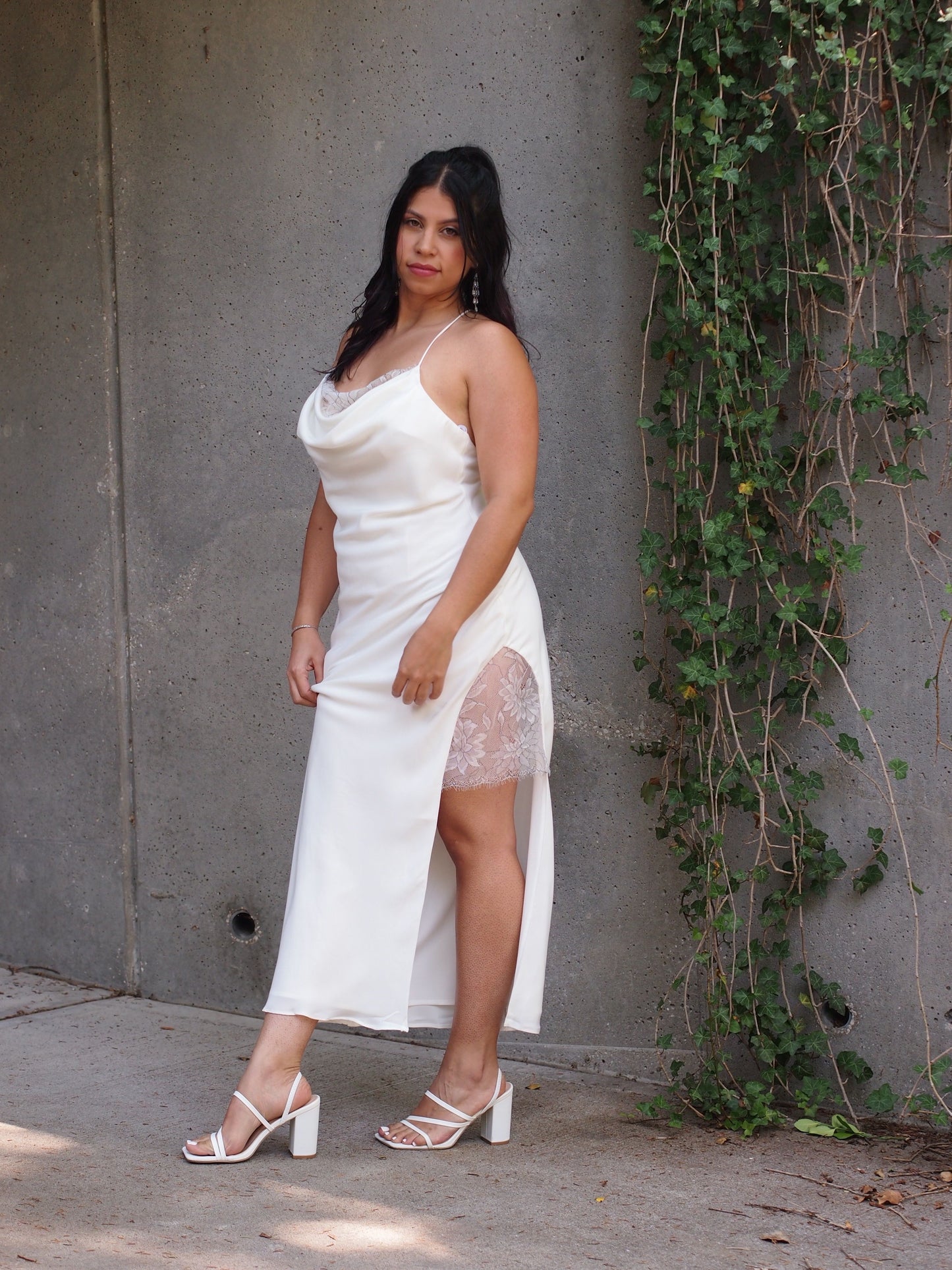 La Paz White Lace Maxi Spaghetti Strap Open Slit Dress