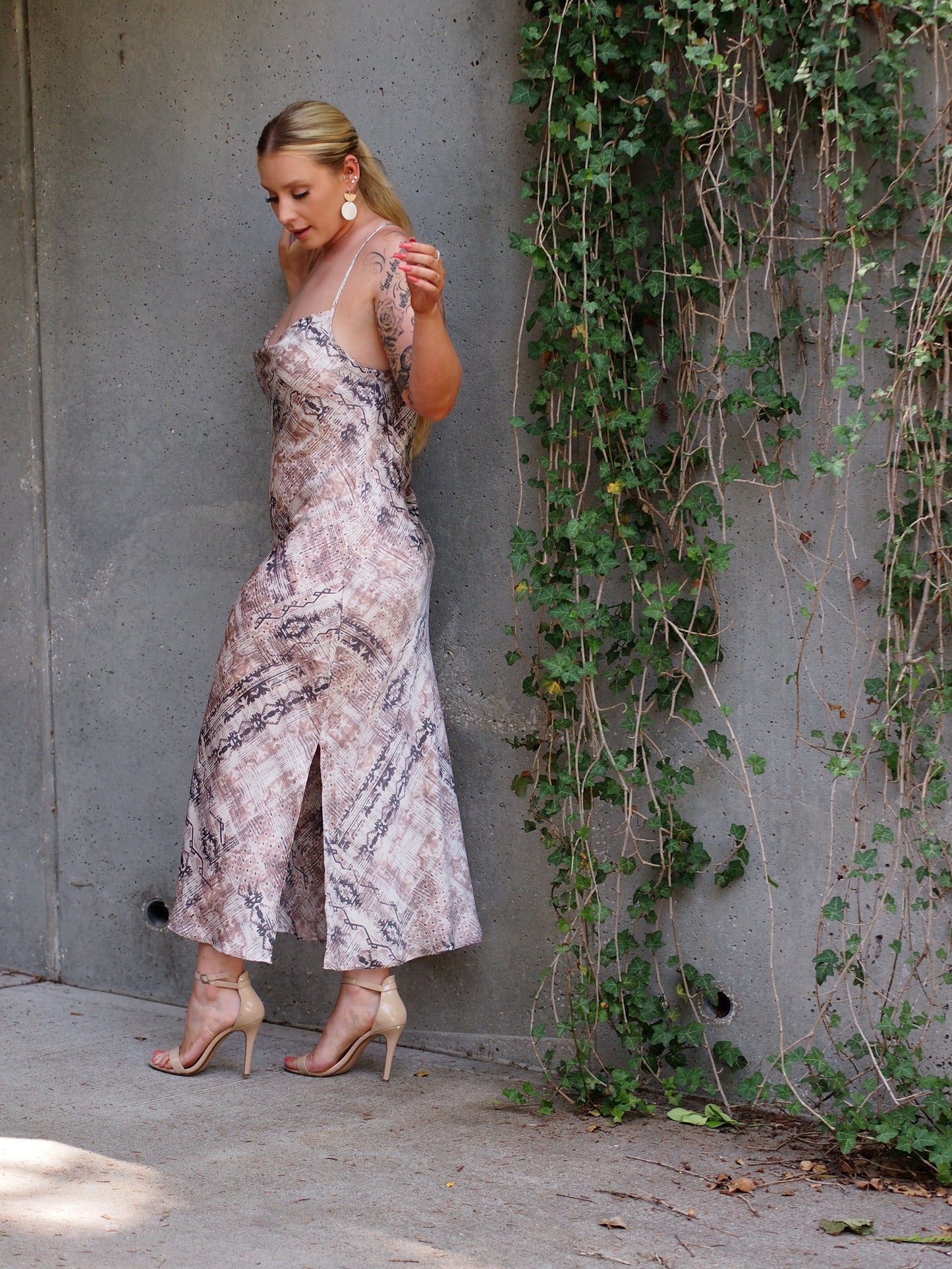 Sendai Midi Geo Print Blush and Gray Geo Print Spaghetti Strap Dress