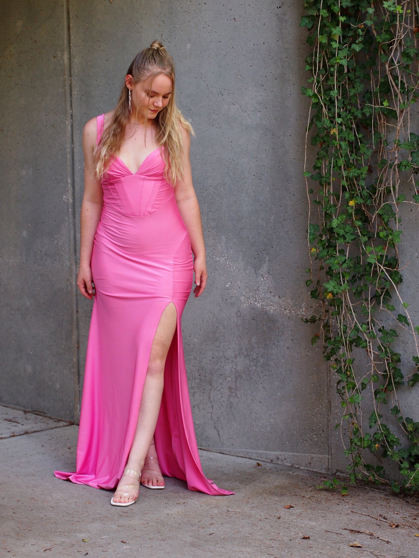 Izmir Bubble Gum Pink Corset Maxi Dress with Thigh Slit