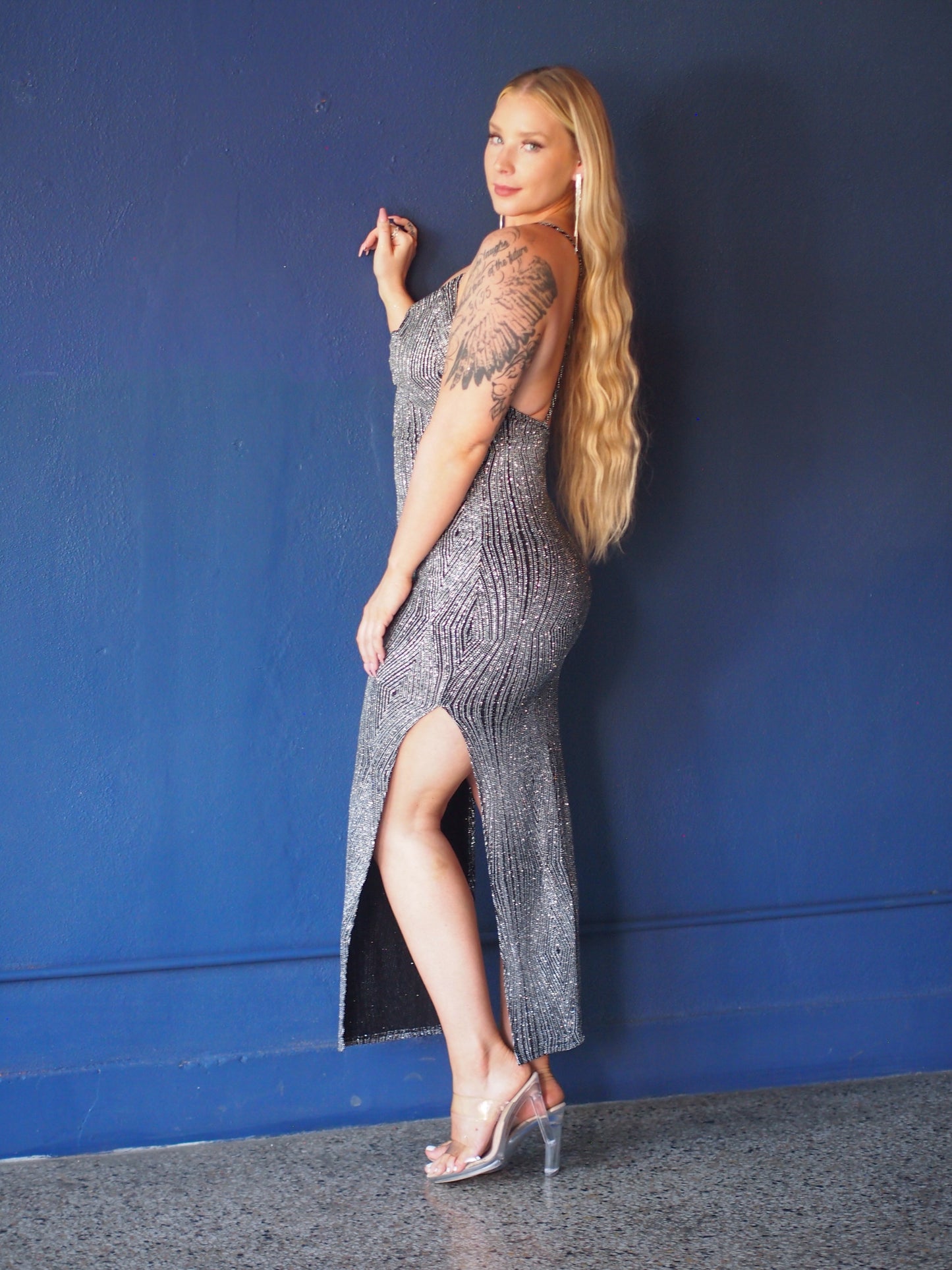 Cowl neck glitter maxi X back dress + double thigh slit