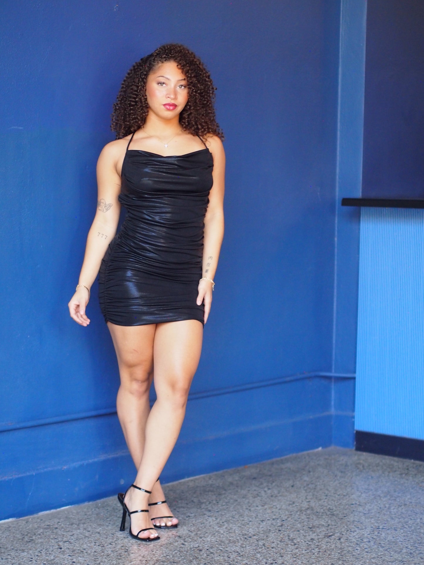 Metallic side and back rouched x spaghetti mini dress