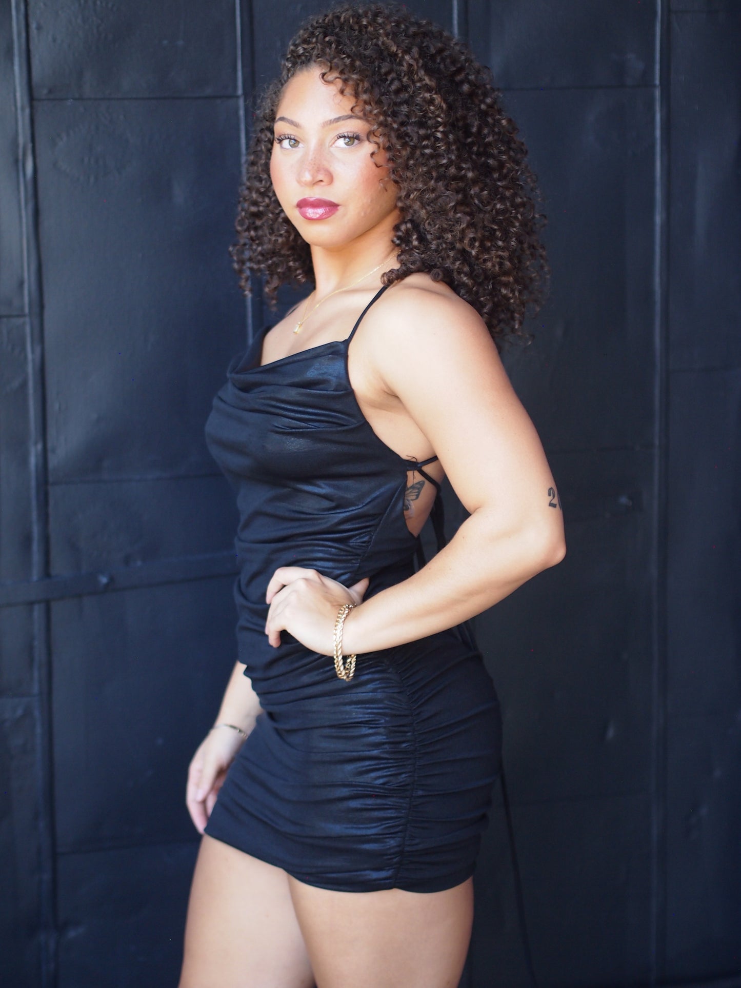 Metallic side and back rouched x spaghetti mini dress