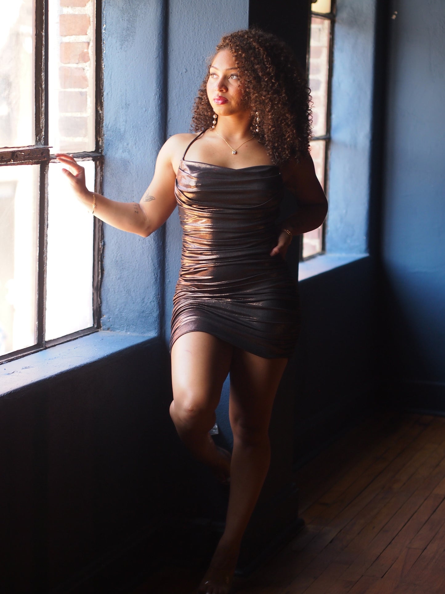 Metallic side and back rouched x spaghetti mini dress