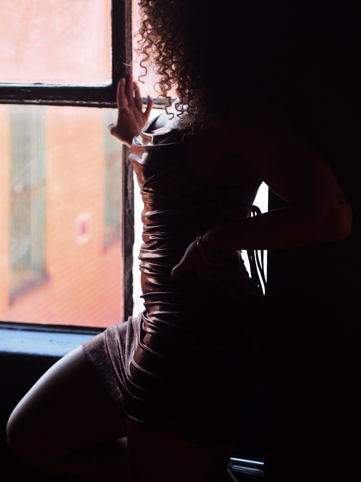 Metallic side and back rouched x spaghetti mini dress