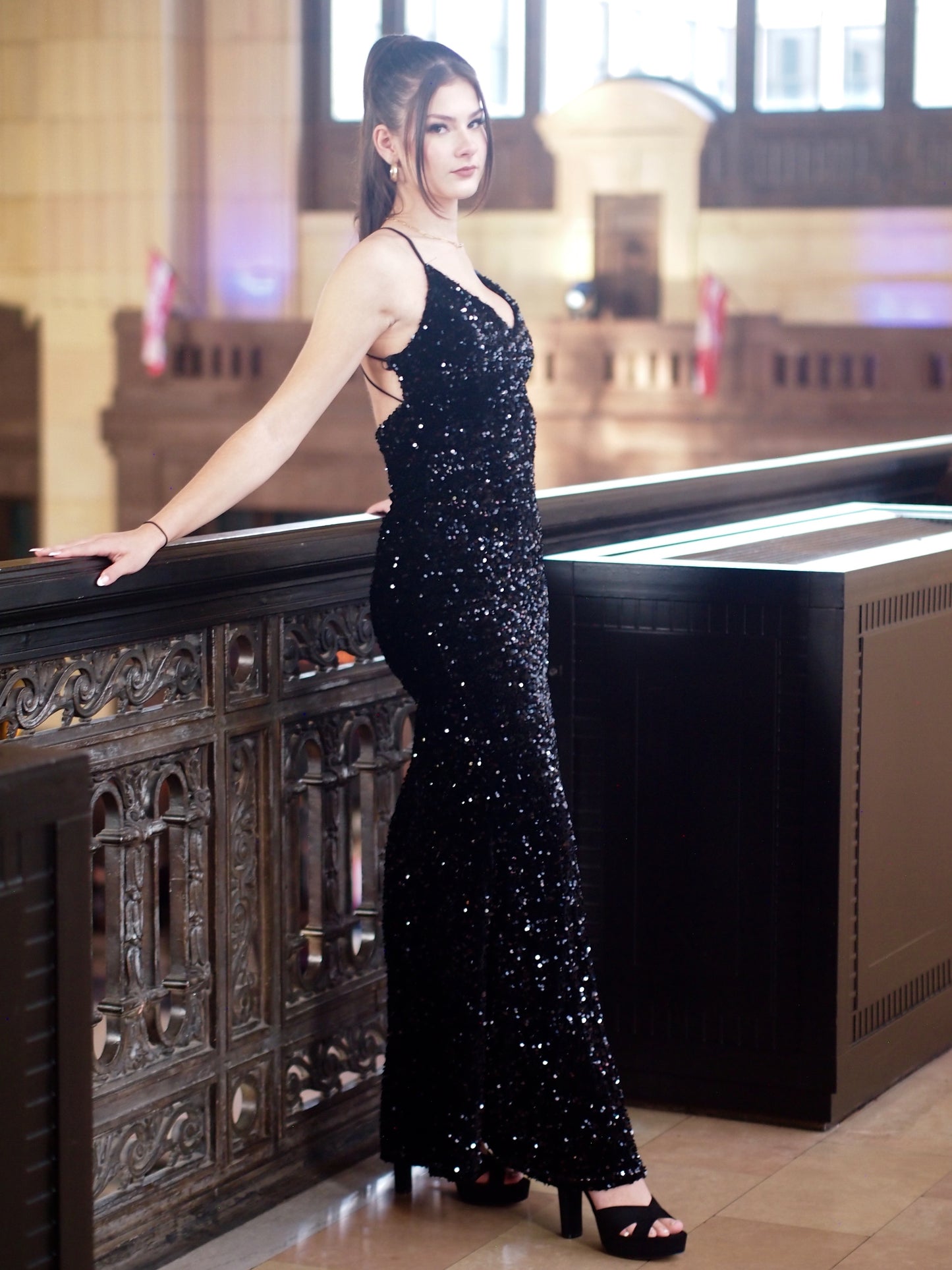 Double spaghetti strap cross back velvet sequin maxi dress
