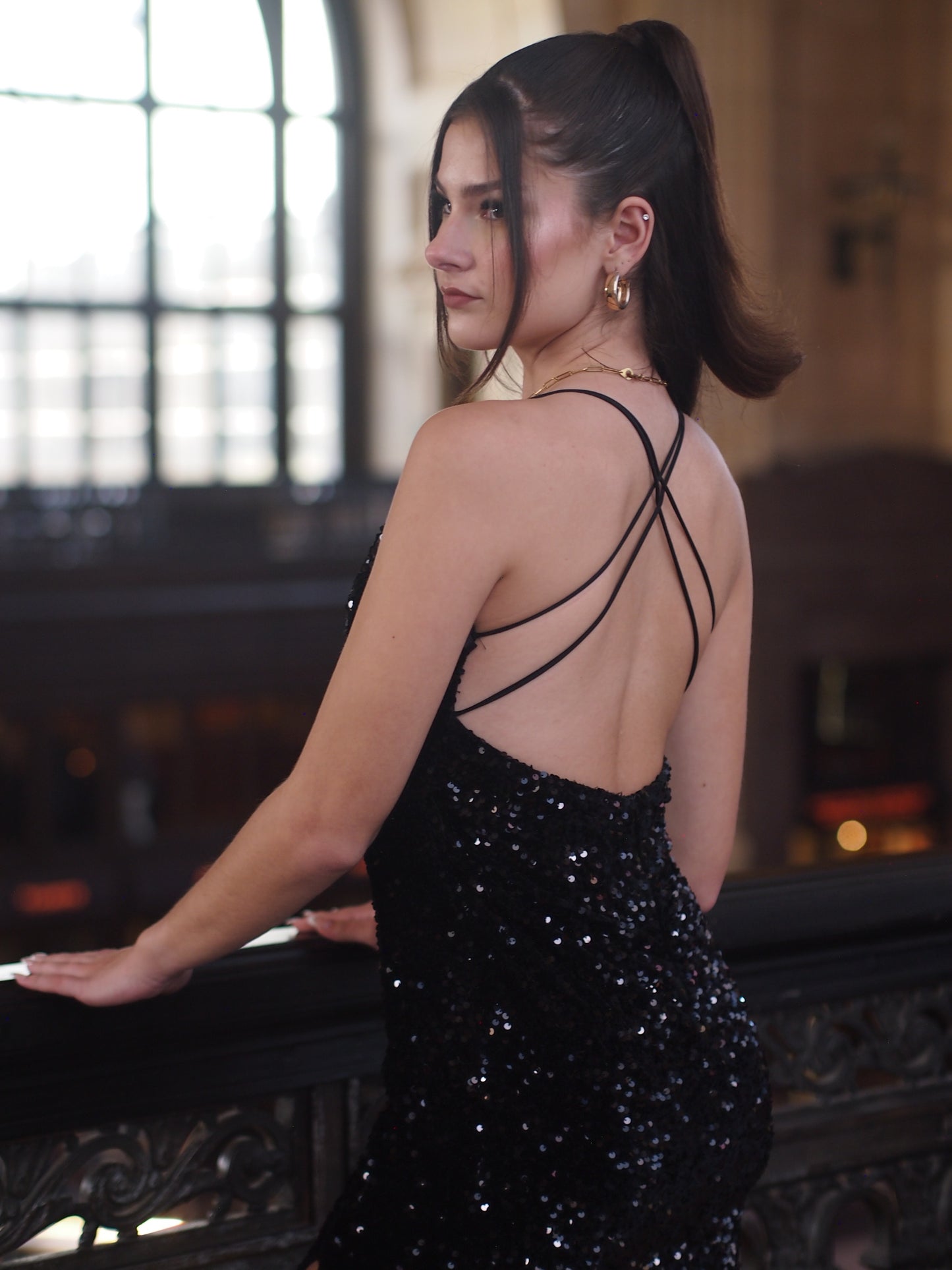 Double spaghetti strap cross back velvet sequin maxi dress