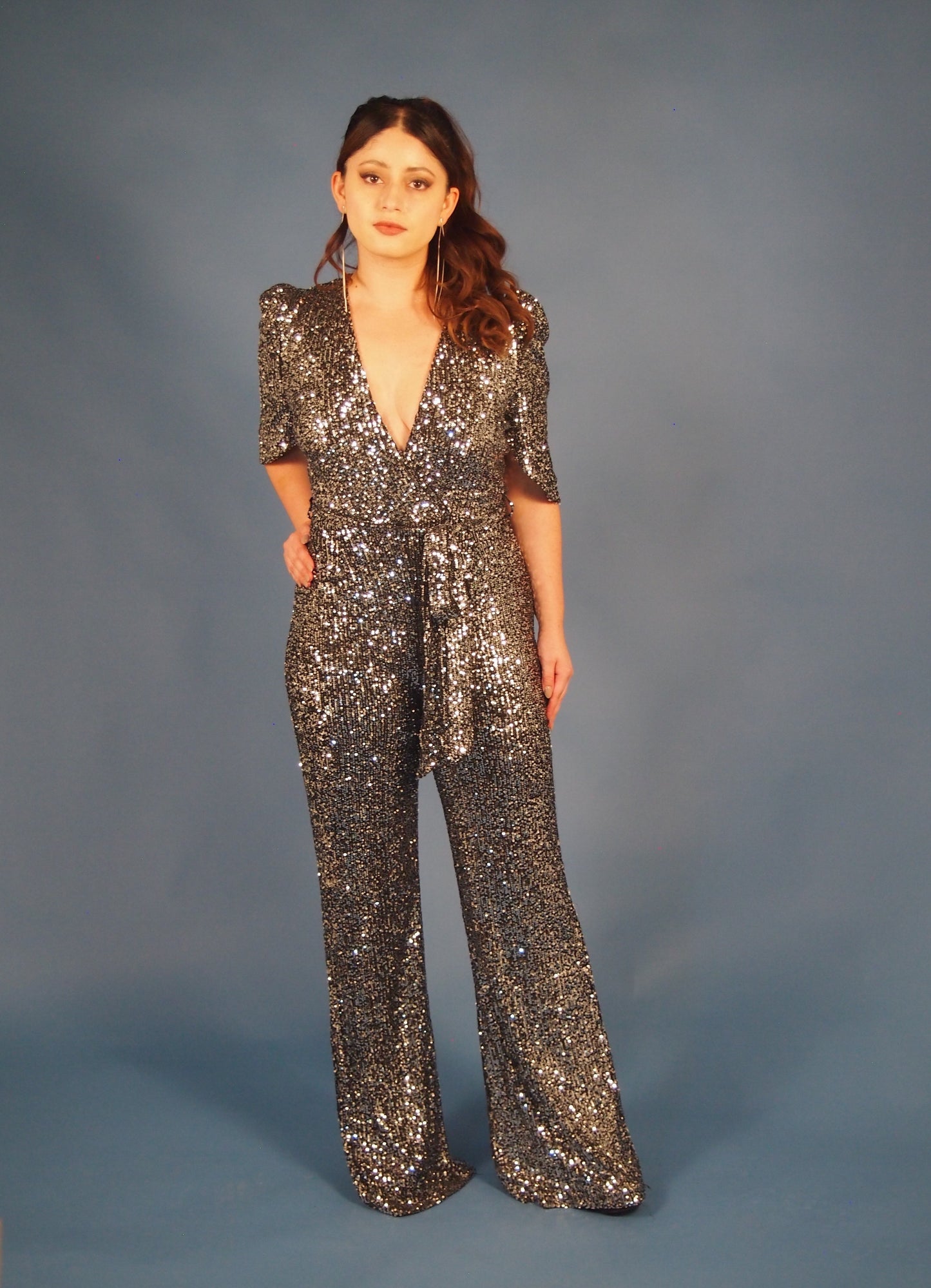 Bristol Sequin Belted Short Sleeve Jumpsuit
