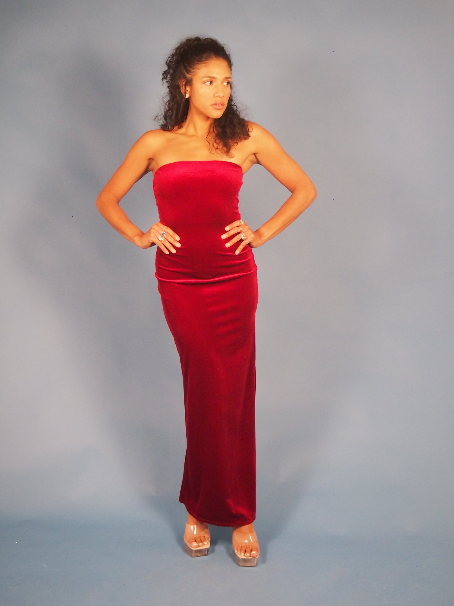 Fez Velvet Strapless Maxi Dress with Side Slit