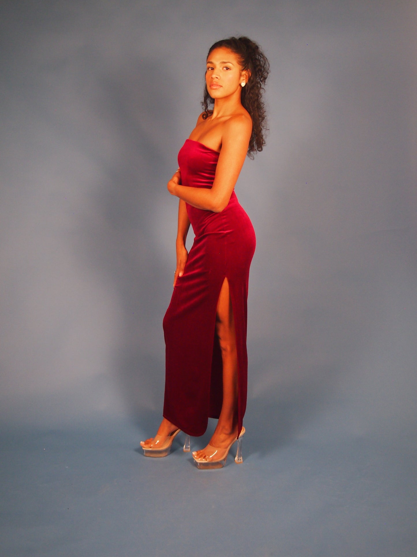 Fez Velvet Strapless Maxi Dress with Side Slit