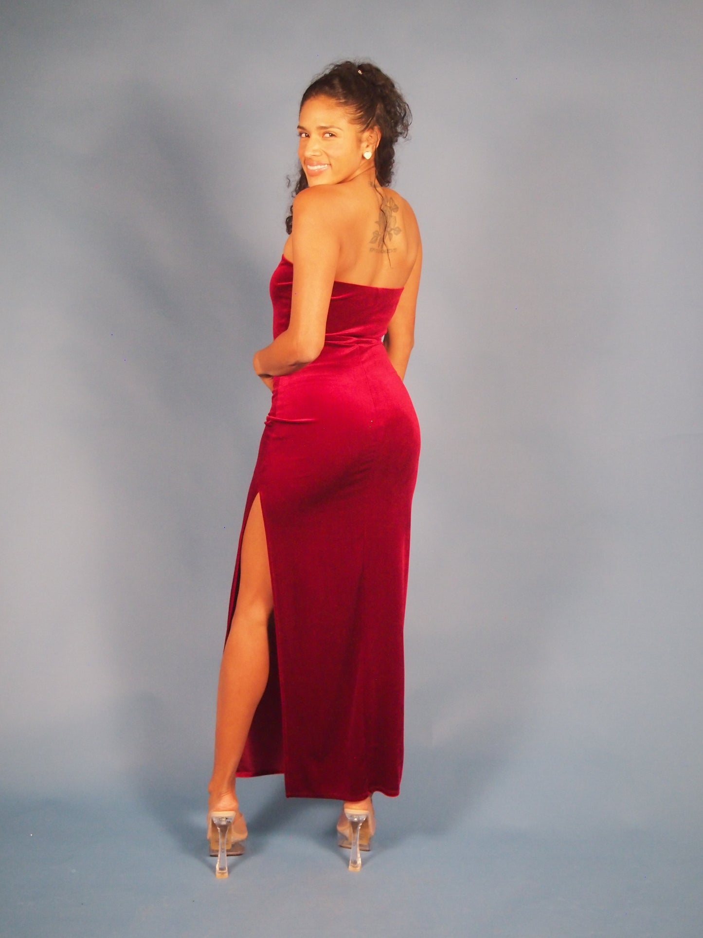Fez Velvet Strapless Maxi Dress with Side Slit