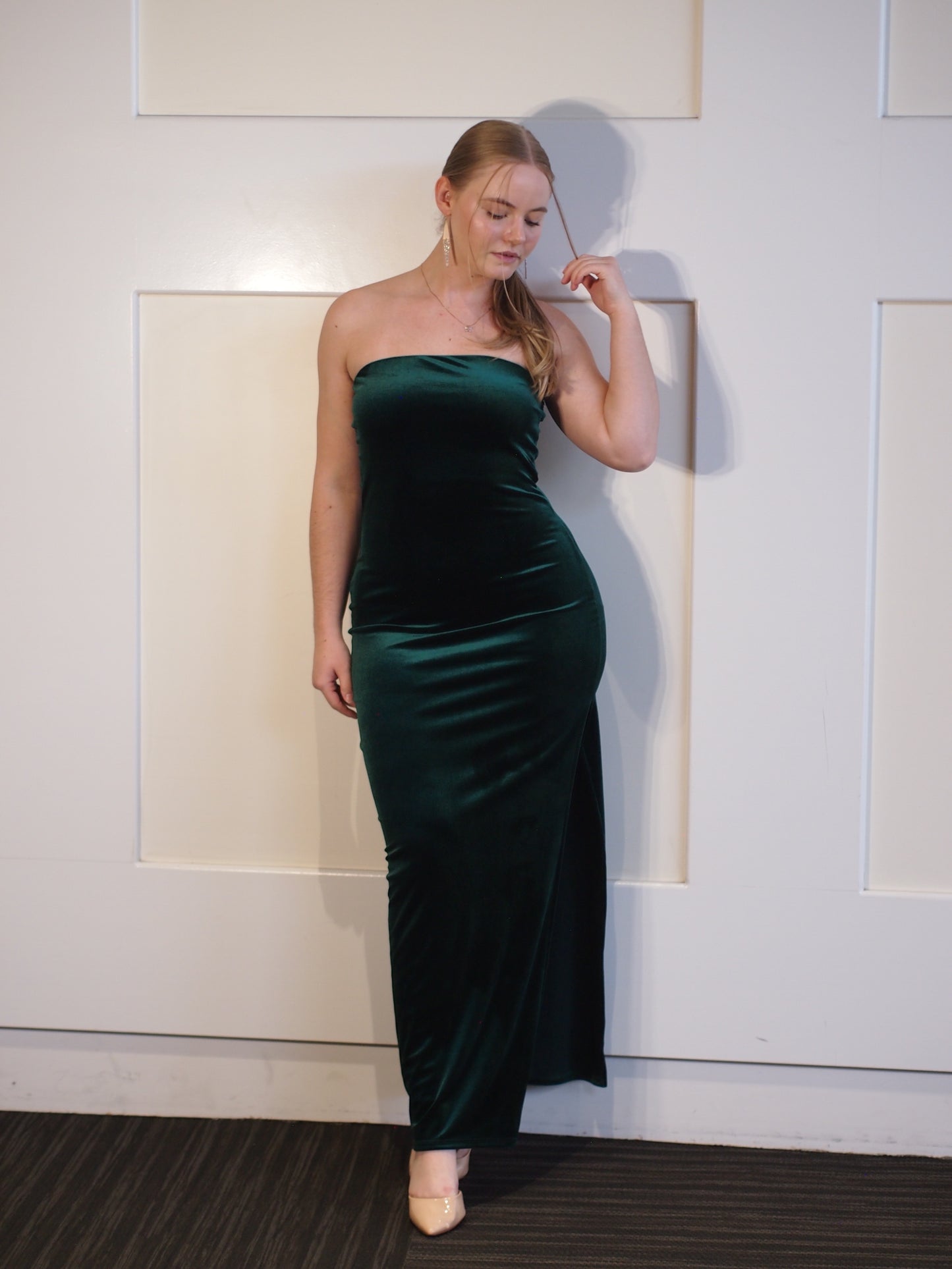 Fez Velvet Strapless Maxi Dress with Side Slit