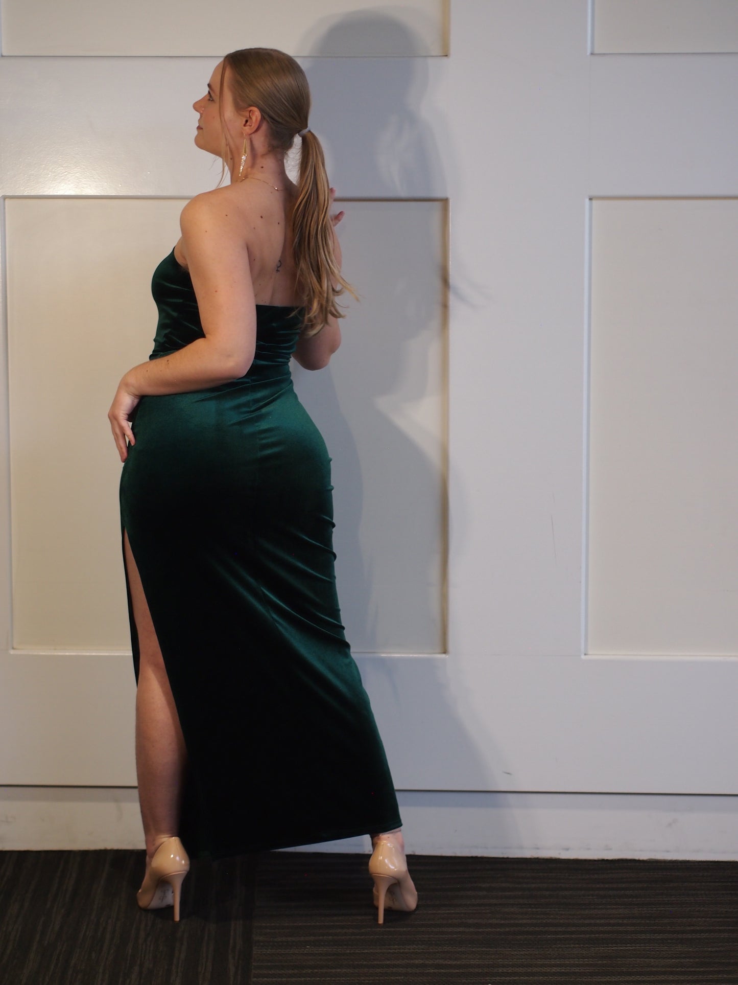 Fez Velvet Strapless Maxi Dress with Side Slit