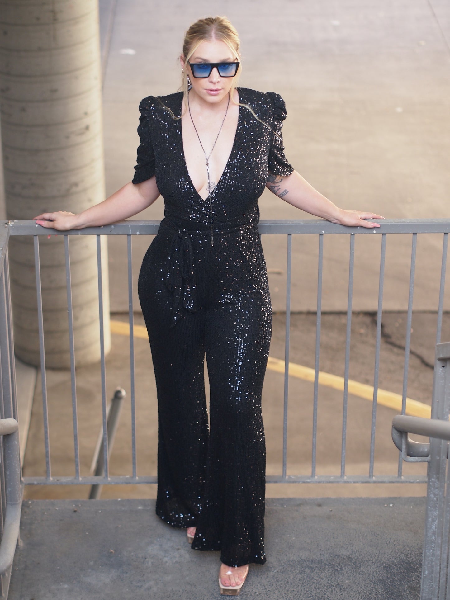 Bristol Sequin Belted Short Sleeve Jumpsuit