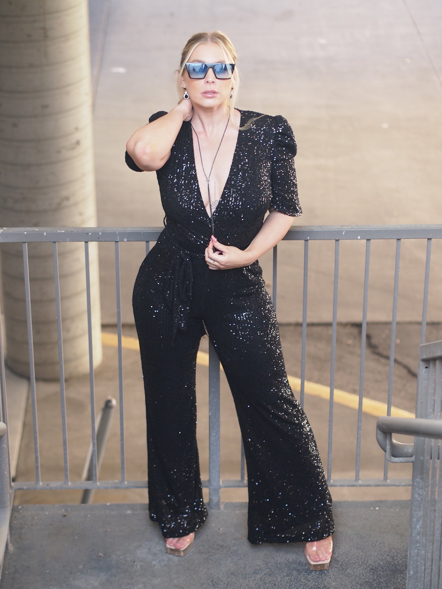 Bristol Sequin Belted Short Sleeve Jumpsuit