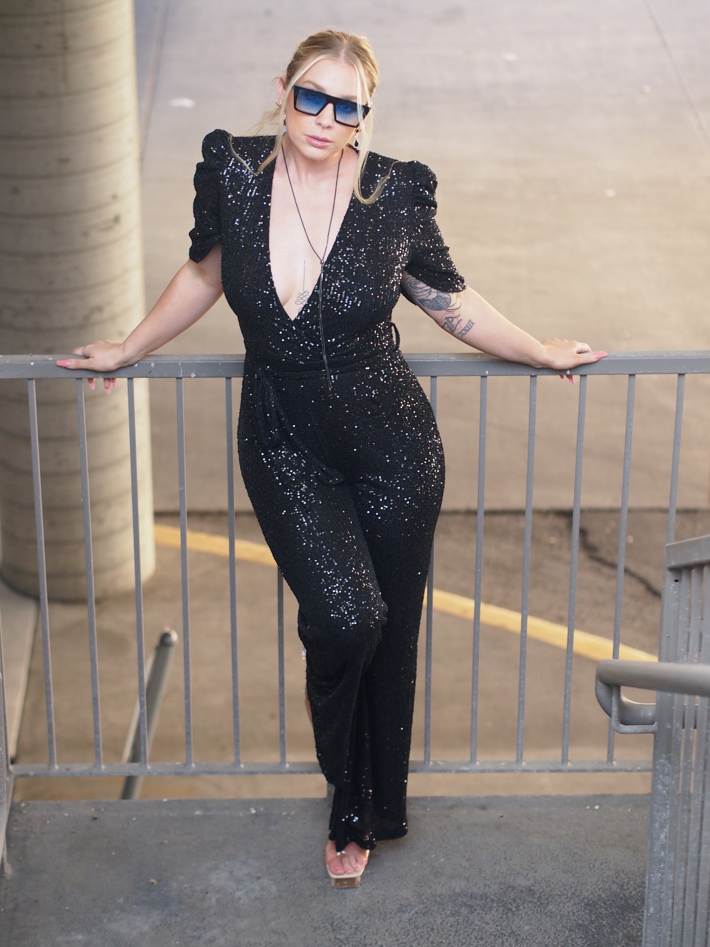 Bristol Sequin Belted Short Sleeve Jumpsuit