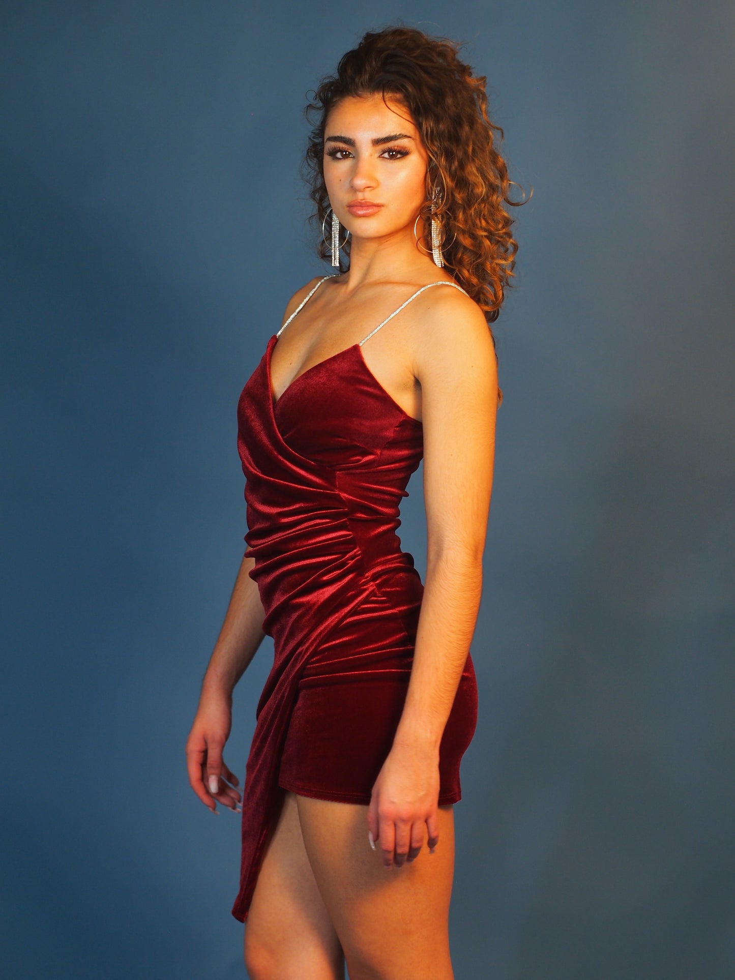 Dublin Velvet Mini Crossover Front Dress with Rhinestone Spaghetti Straps