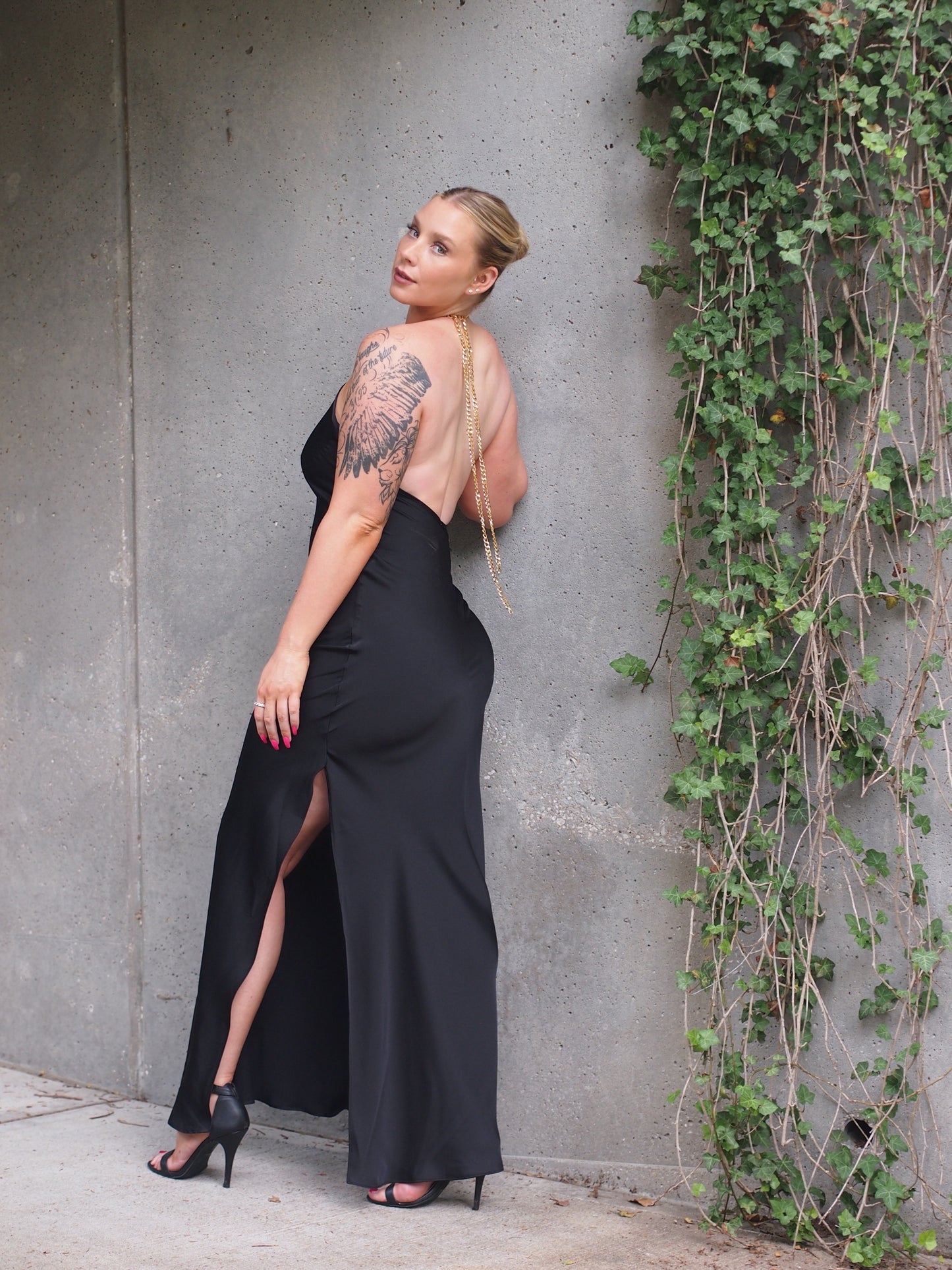 Halter Back Chain Scoop Back Satin Maxi Dress