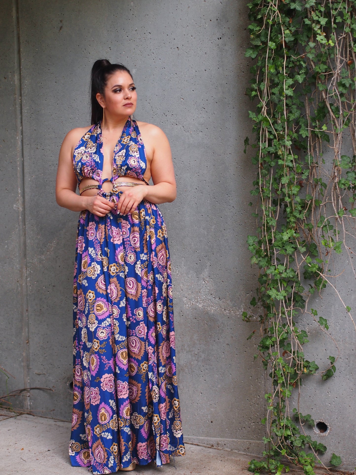 Floral double thigh slit gold belt halter maxi dress