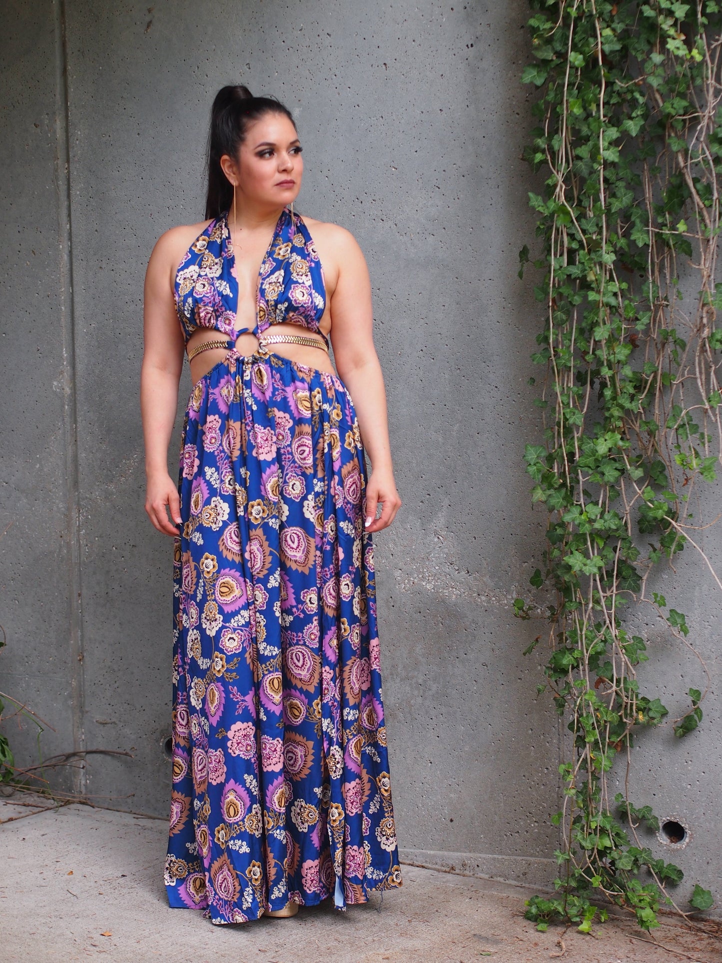 Floral double thigh slit gold belt halter maxi dress