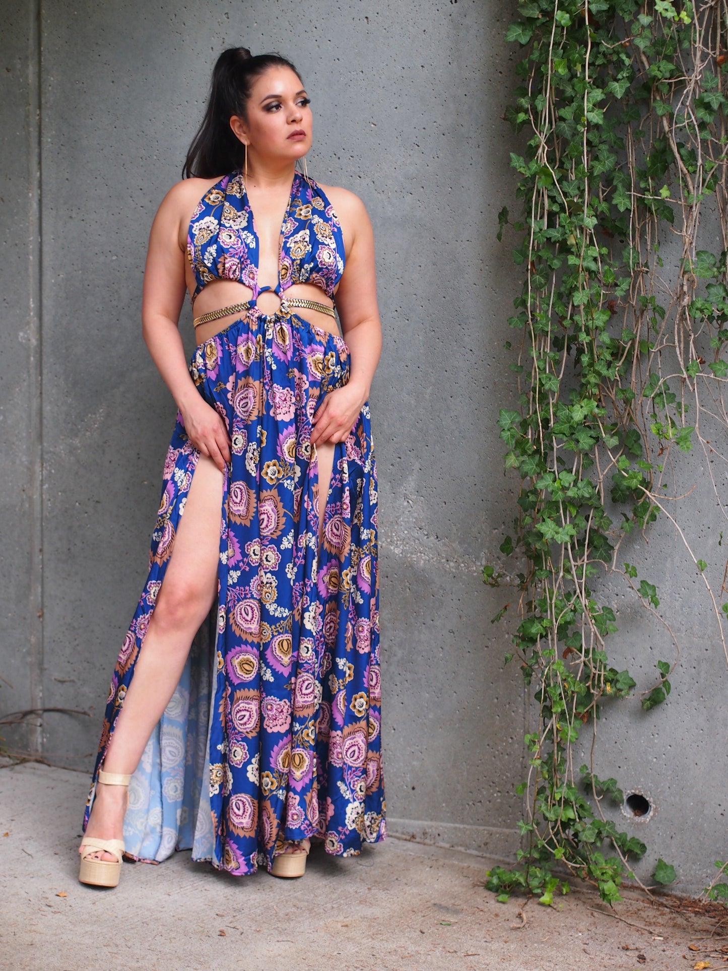 Floral double thigh slit gold belt halter maxi dress