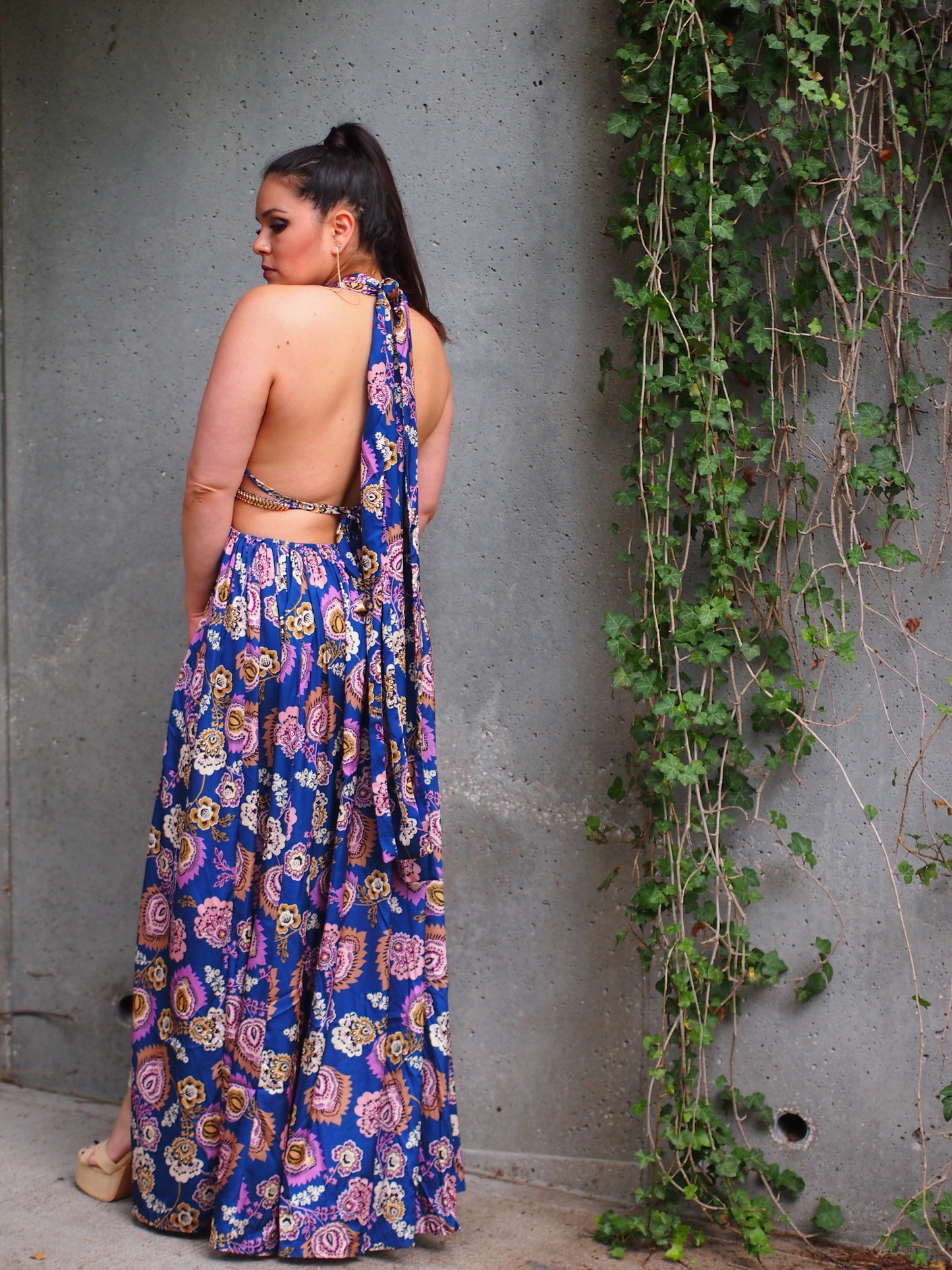 Floral double thigh slit gold belt halter maxi dress