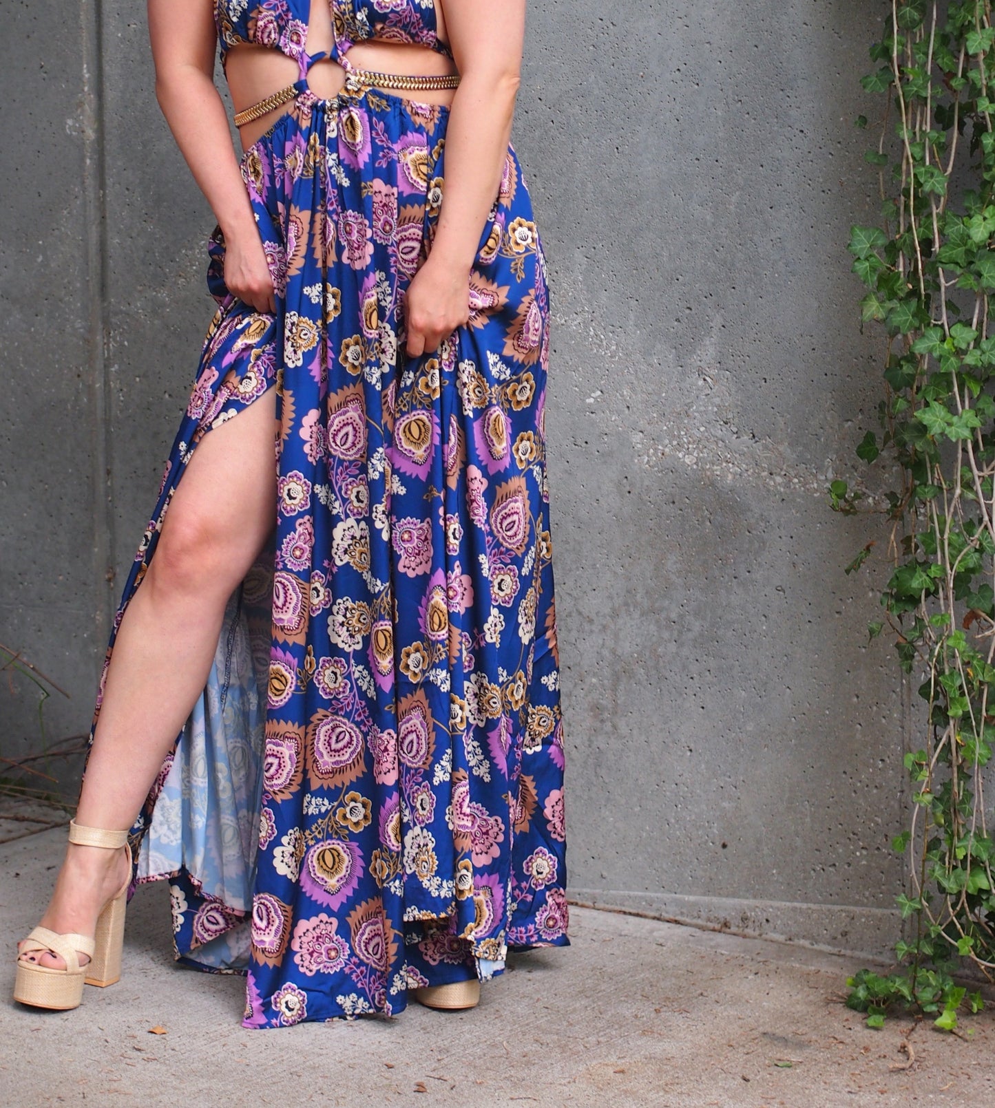 Floral double thigh slit gold belt halter maxi dress