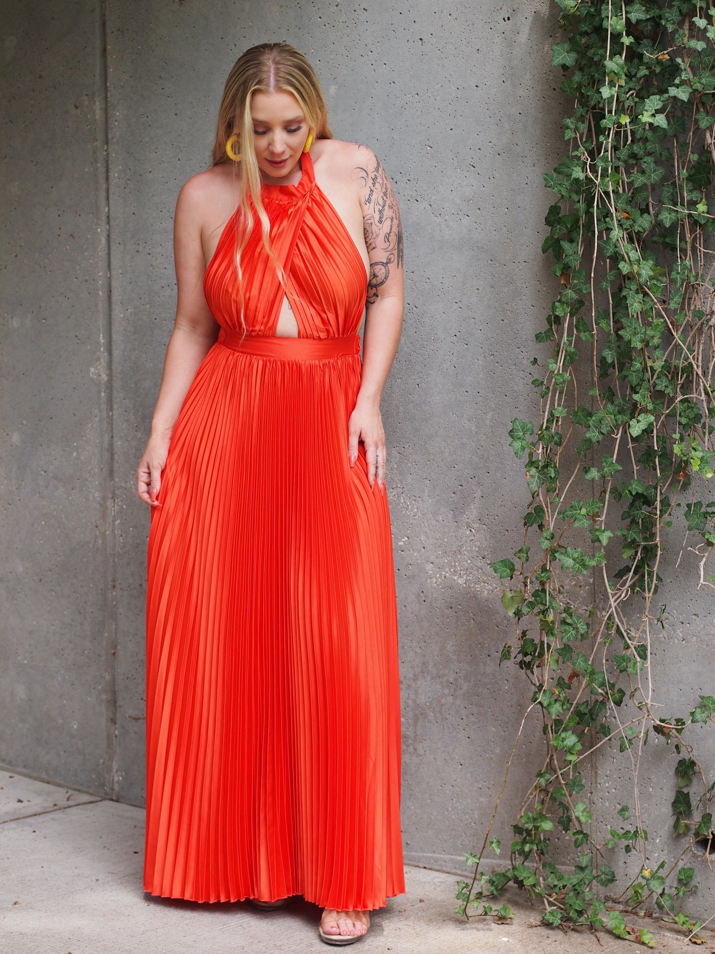 Accra Orange Satin Pleated Halter Maxi Dress