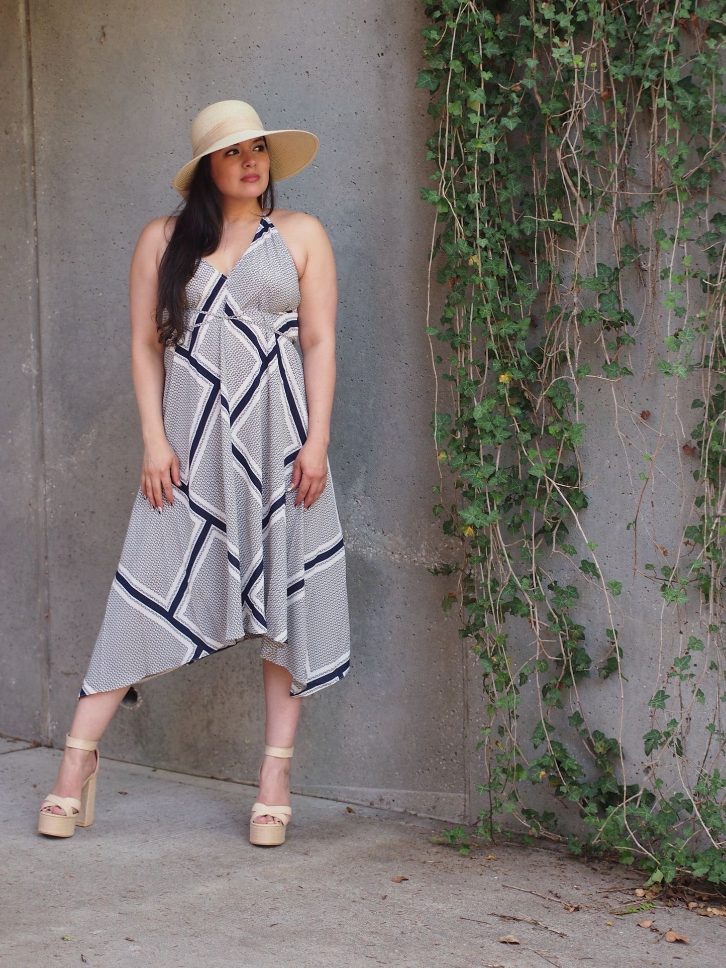 Brasilia Navy and White Geo Printed Midi Tie Up Dress