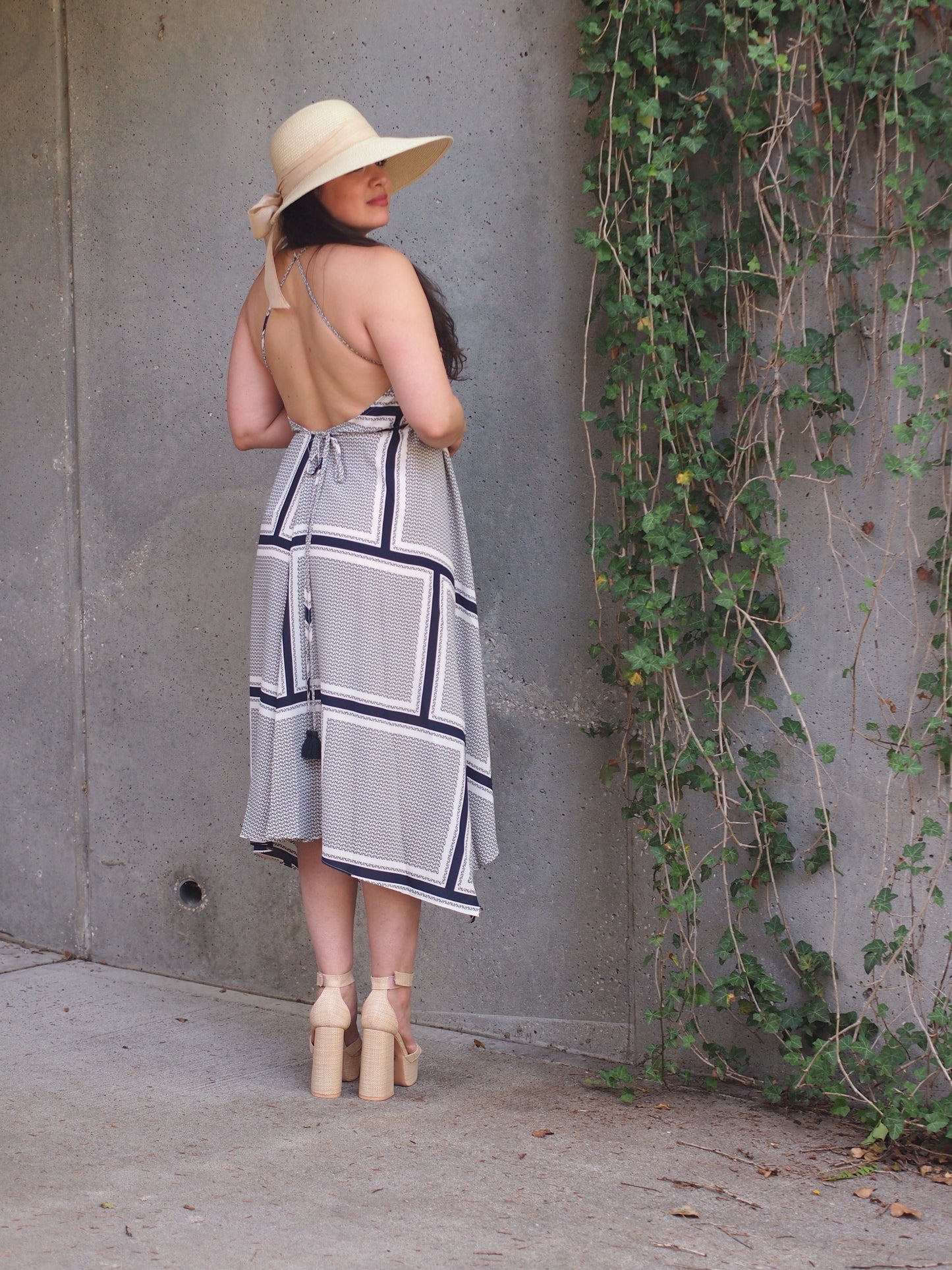 Brasilia Navy and White Geo Printed Midi Tie Up Dress