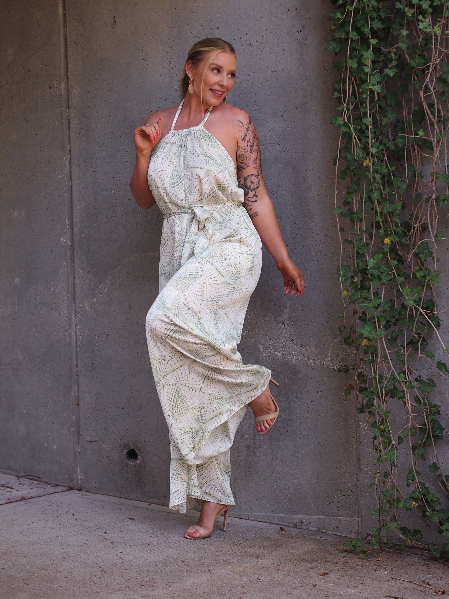 Tunis Green and White Snake Print Wide Leg Halter Neck Jumpsuit