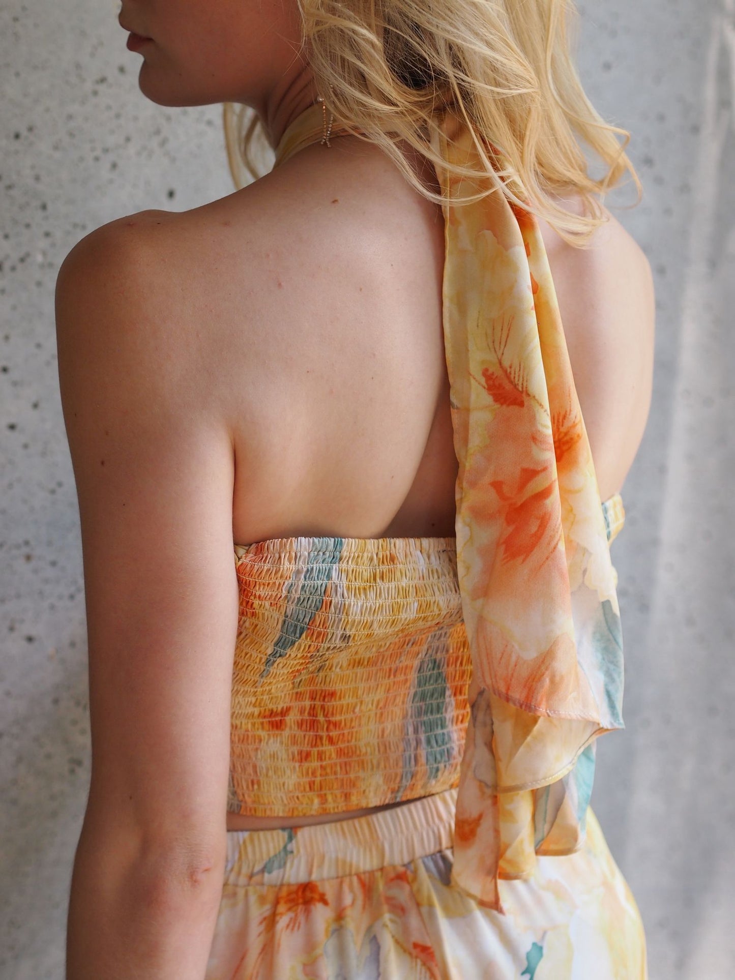 Sofia Peach and Yellow Floral Water Color Wrap Smocked Cropped Top