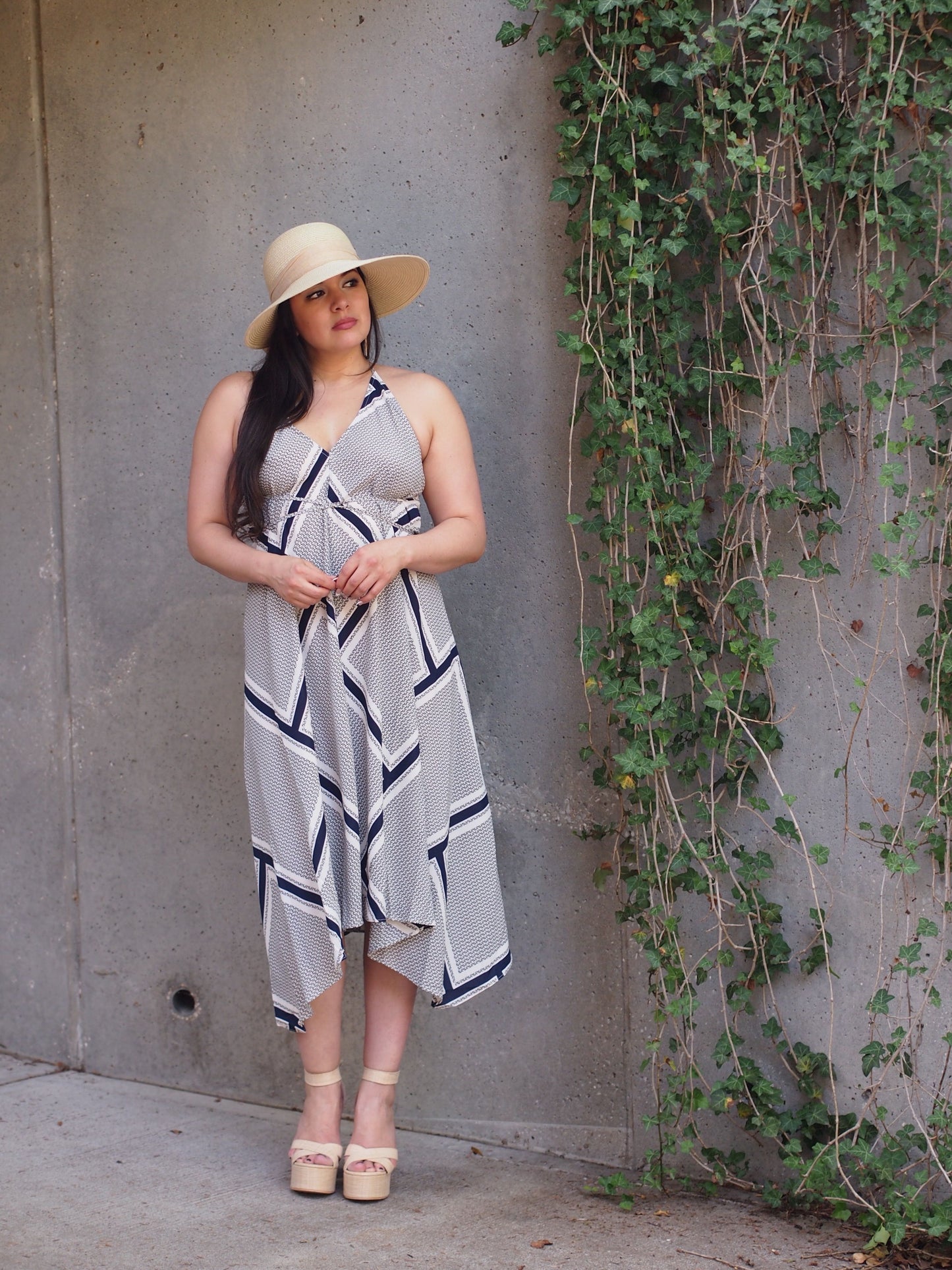 Brasilia Navy and White Geo Printed Midi Tie Up Dress