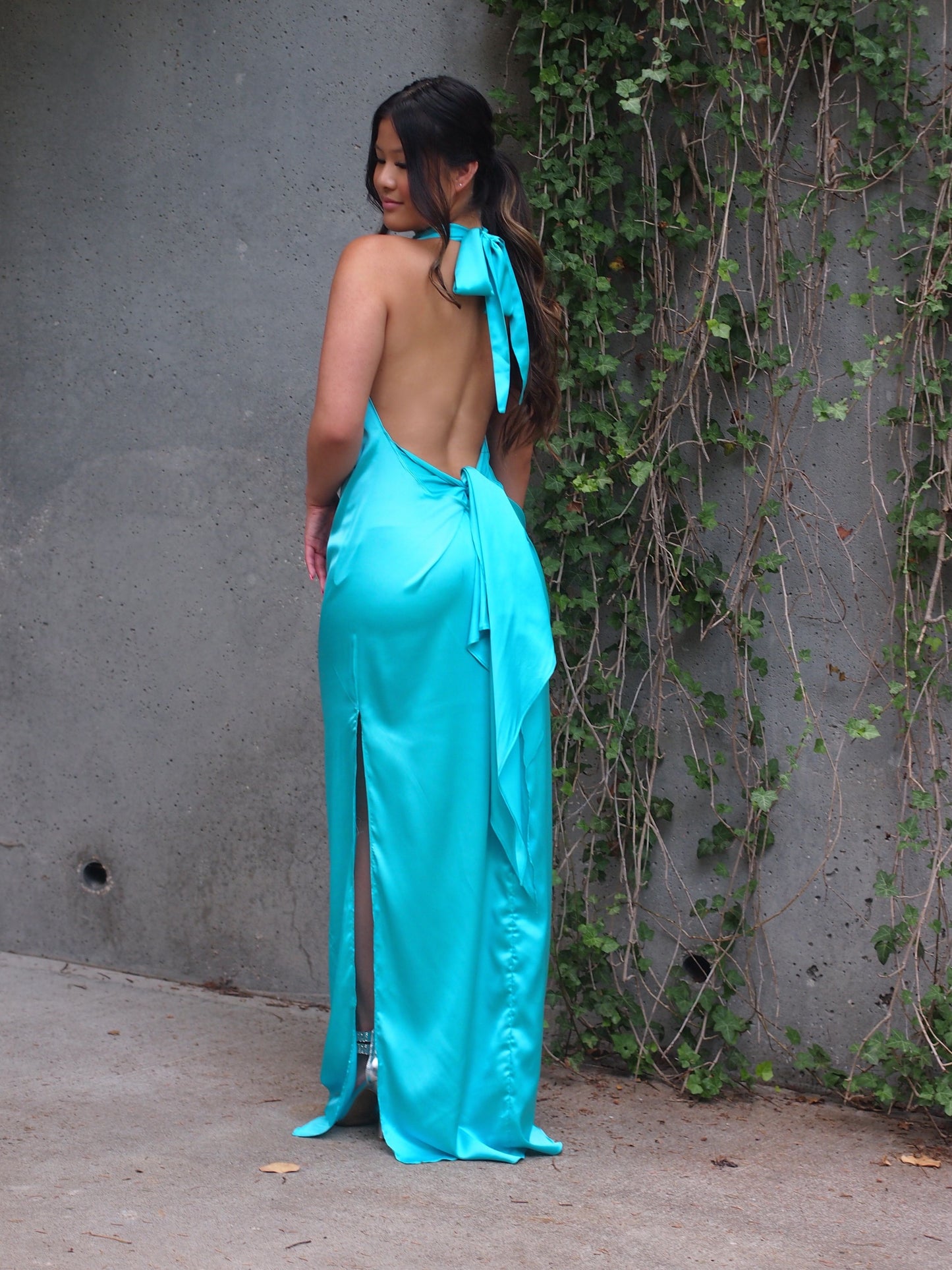 Leon Silky Halter Cowl Neck Maxi Dress with Open Back + Sash