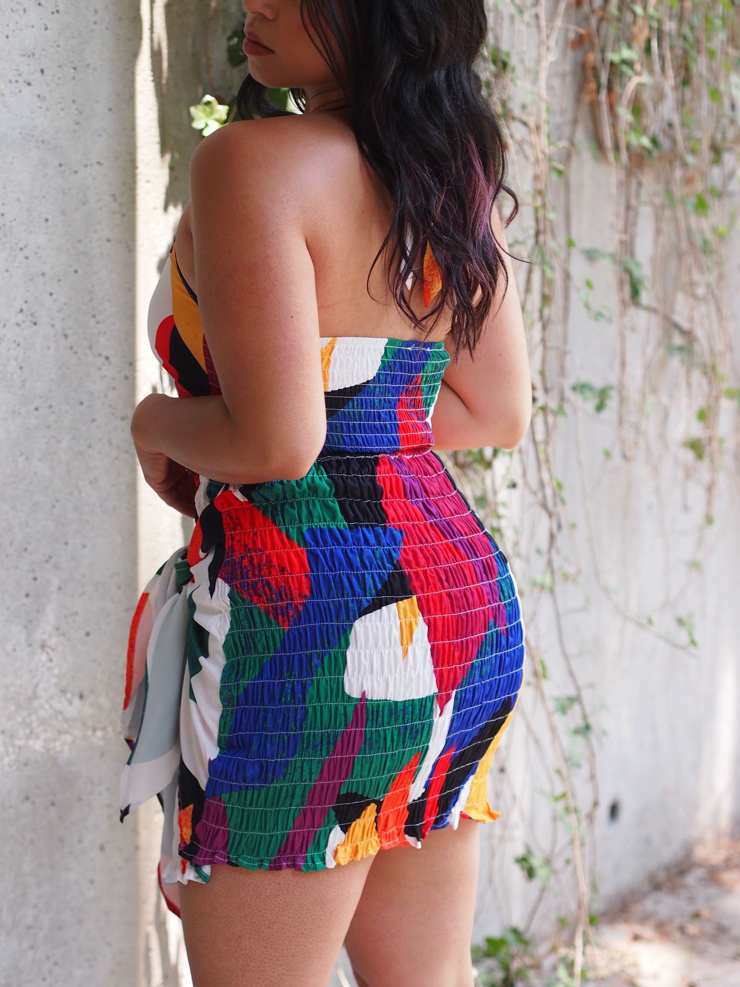 Sydney Cropped Geo Print Jewel Tone Bright Smocked Tie Up Mini Skirt
