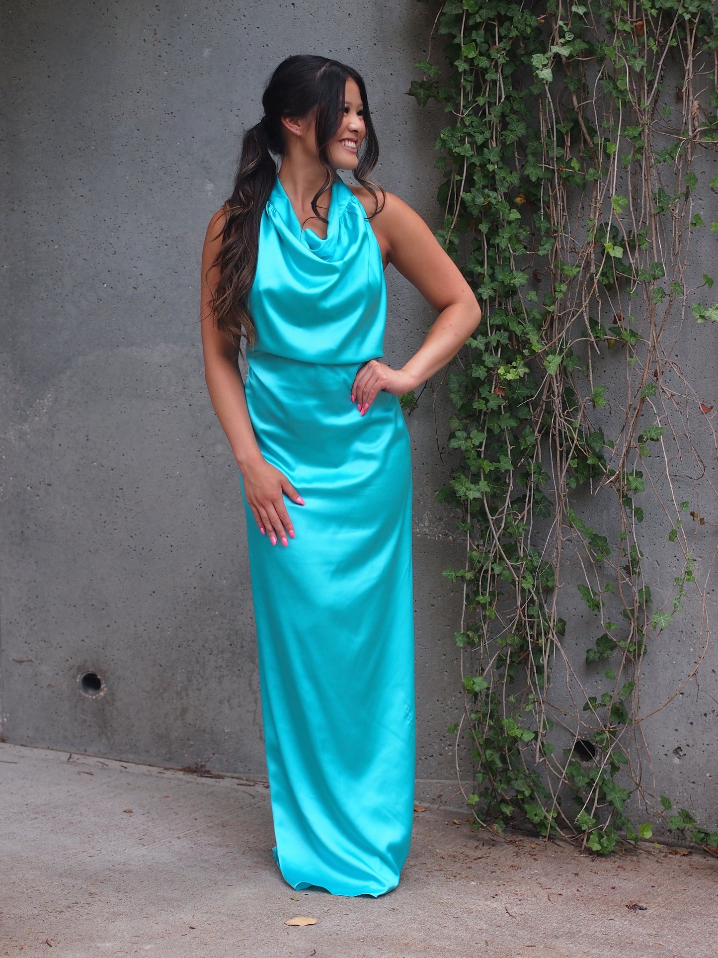 Leon Silky Halter Cowl Neck Maxi Dress with Open Back + Sash