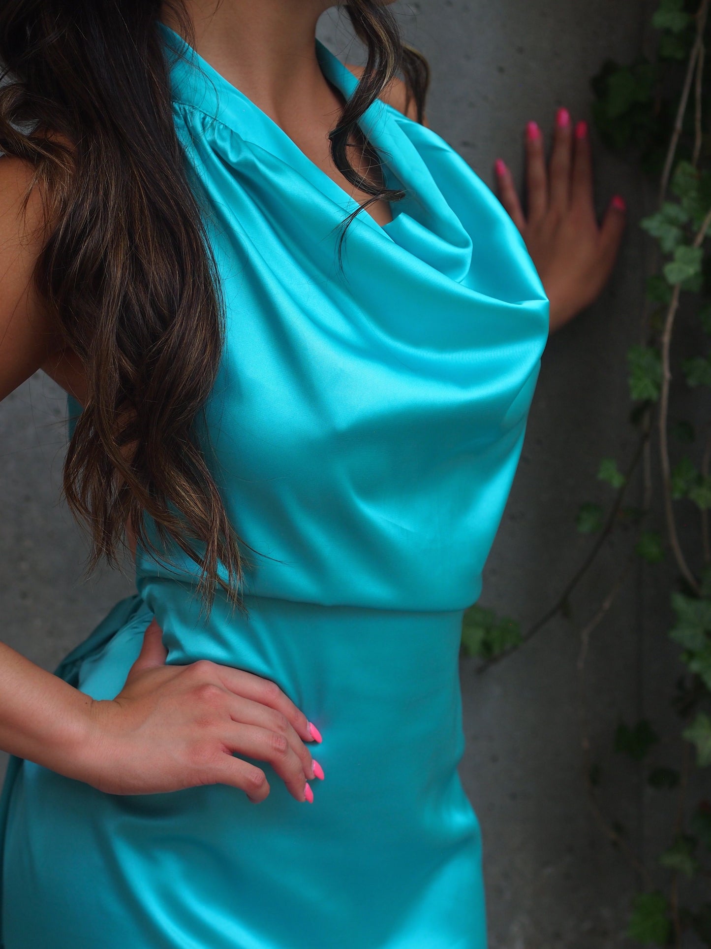 Leon Silky Halter Cowl Neck Maxi Dress with Open Back + Sash