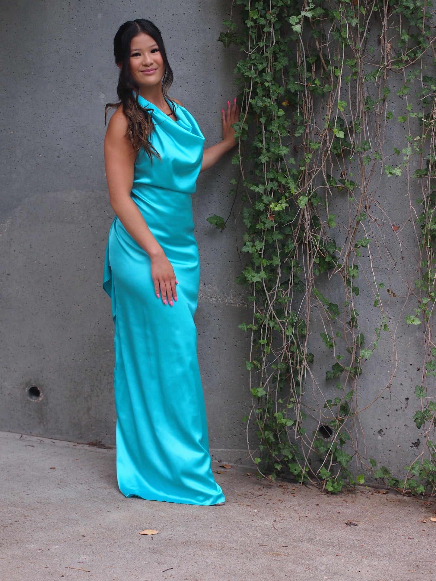 Leon Silky Halter Cowl Neck Maxi Dress with Open Back + Sash