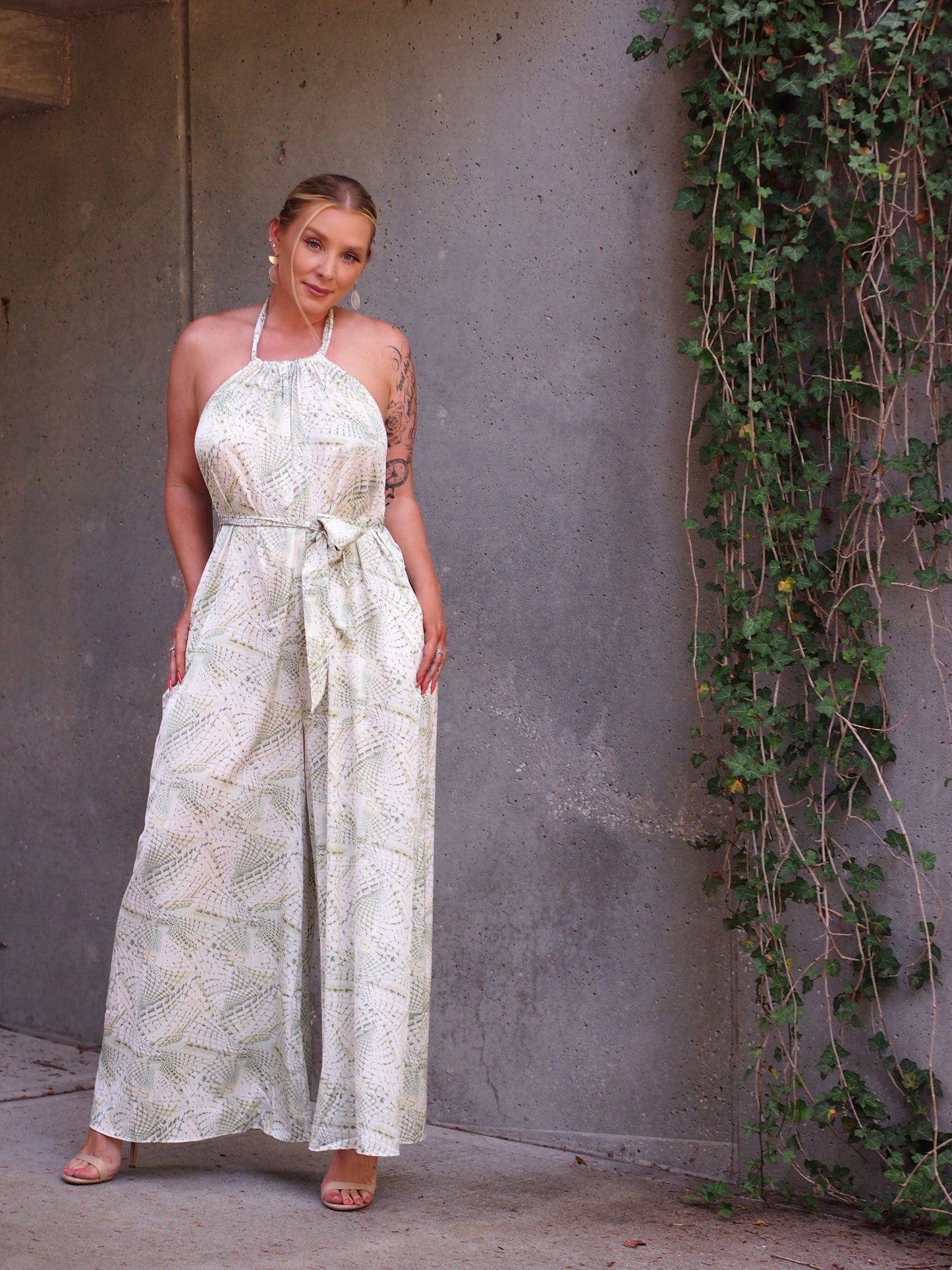 Tunis Green and White Snake Print Wide Leg Halter Neck Jumpsuit