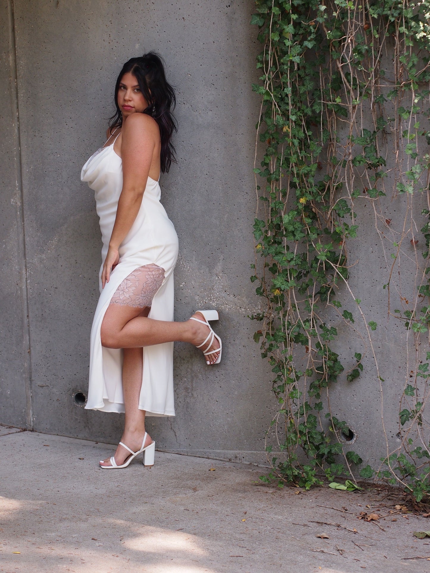 La Paz White Lace Maxi Spaghetti Strap Open Slit Dress