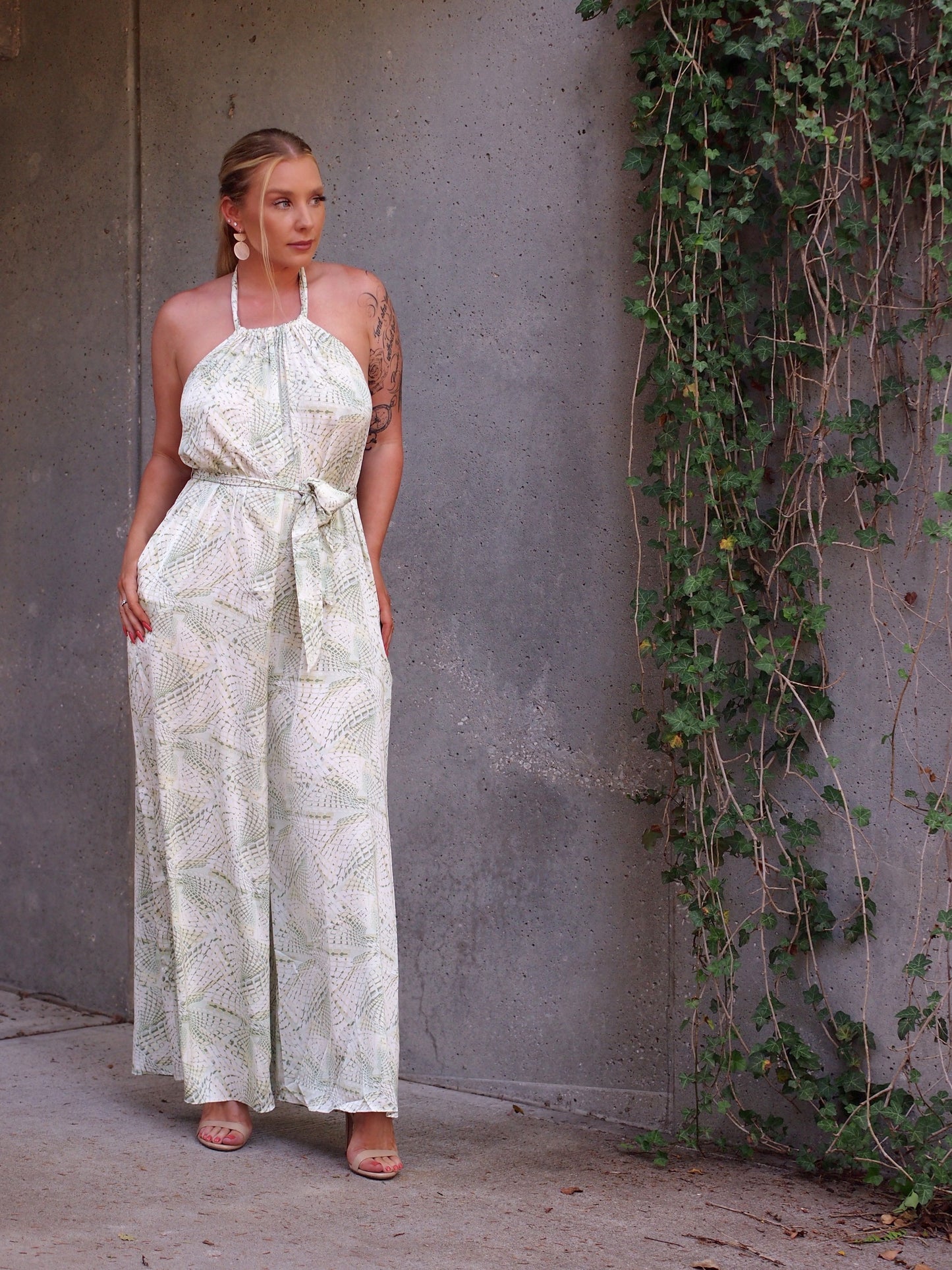 Tunis Green and White Snake Print Wide Leg Halter Neck Jumpsuit