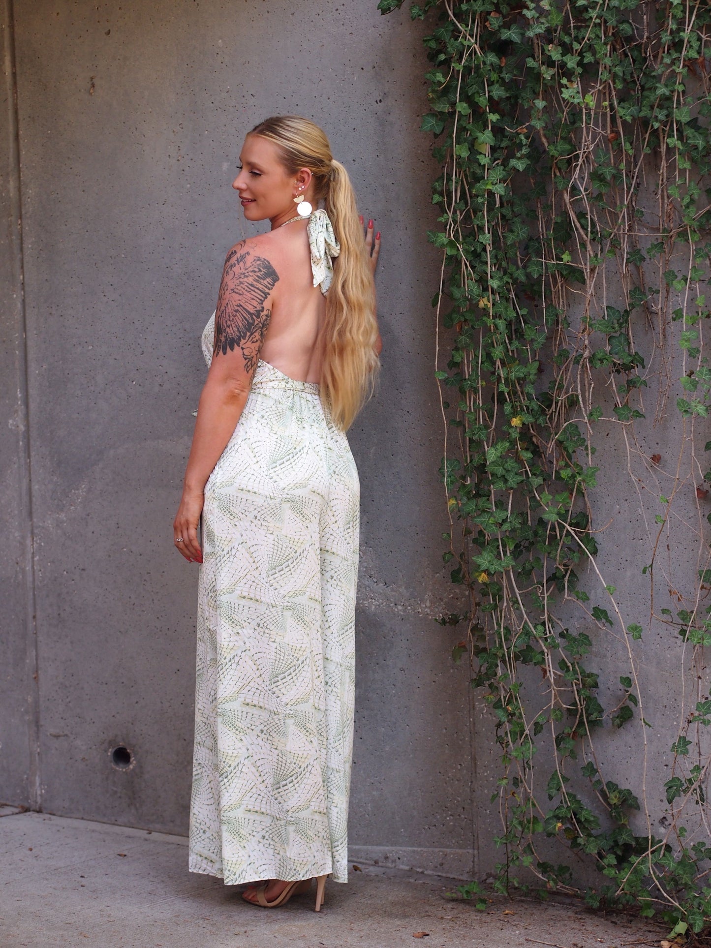 Tunis Green and White Snake Print Wide Leg Halter Neck Jumpsuit
