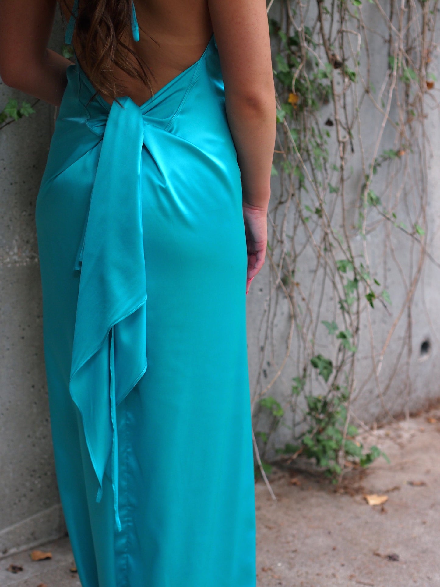 Leon Silky Halter Cowl Neck Maxi Dress with Open Back + Sash