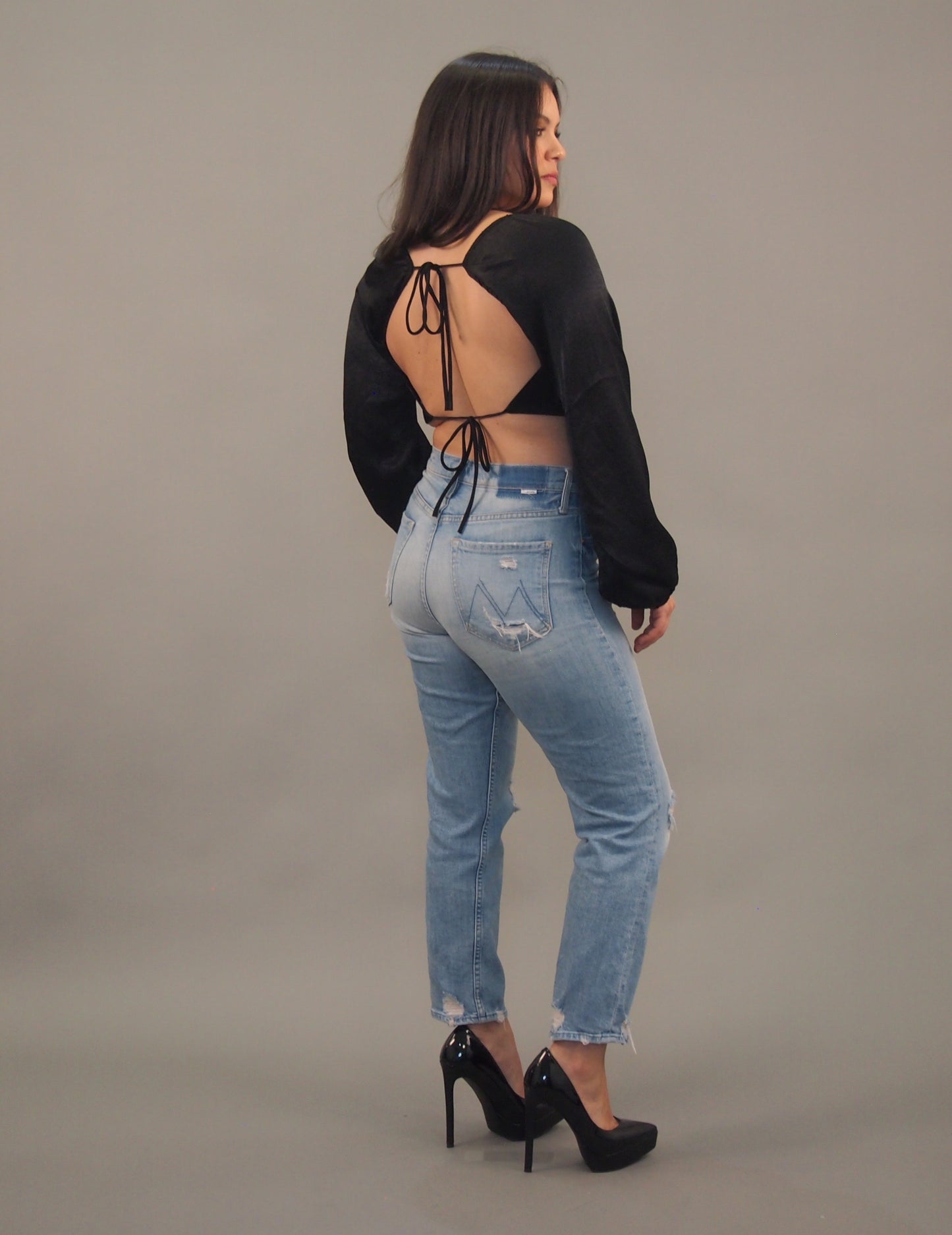 Black Silk Long-sleeve Crop Top